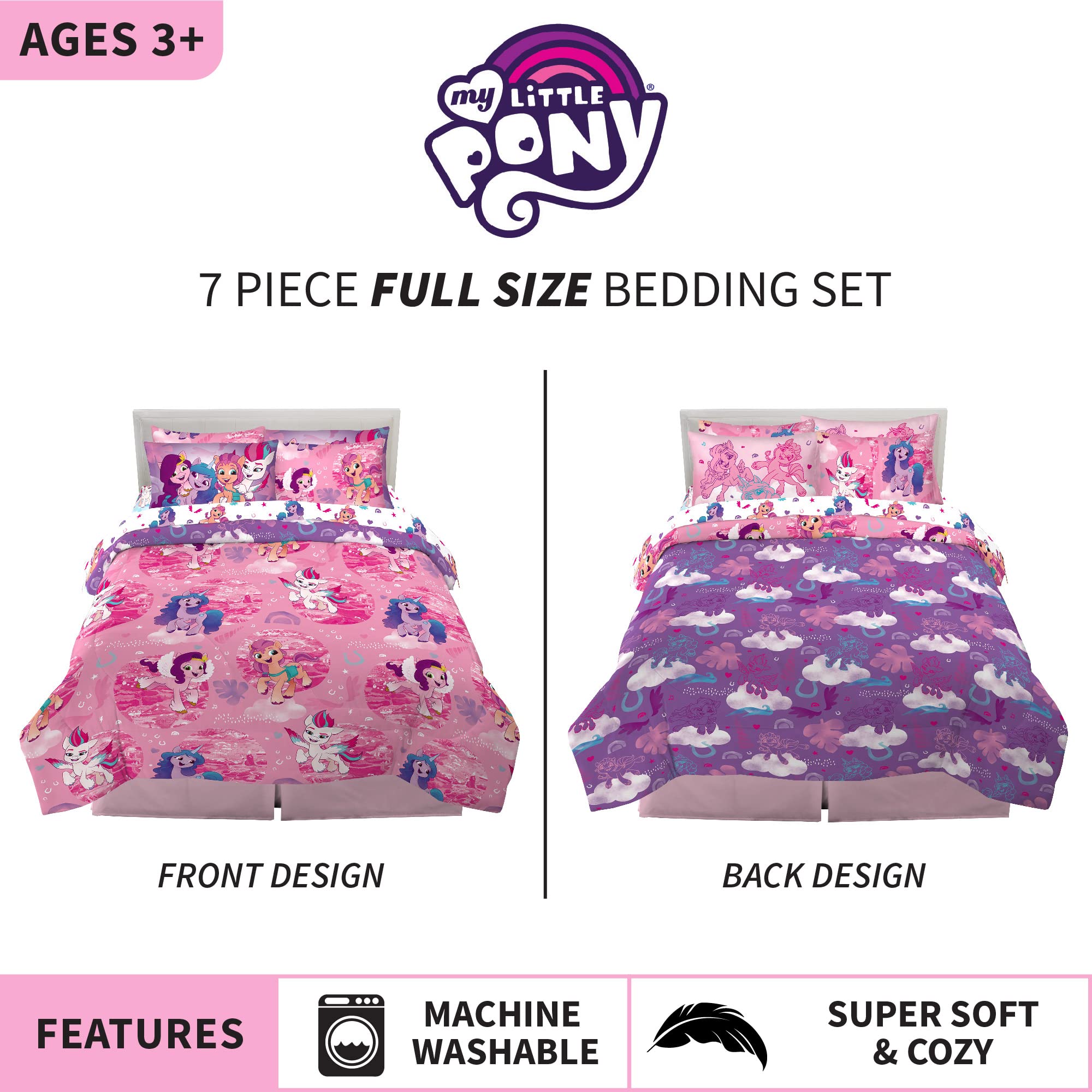 My Little Pony 7-Piece Full Size Kids Bedding Set - Super Soft Comforter, Sheet & Sham | Perfect for Girls' Room Decor & Sleepovers