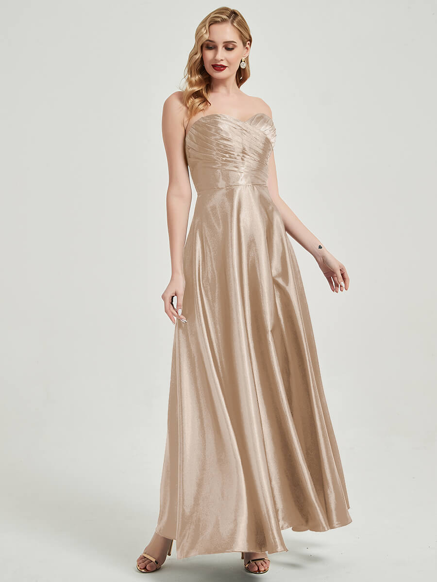Elegant Champagne Satin Sweetheart Strapless Floor-Length Pleated Bridesmaid Dress for Weddings & Formal Events