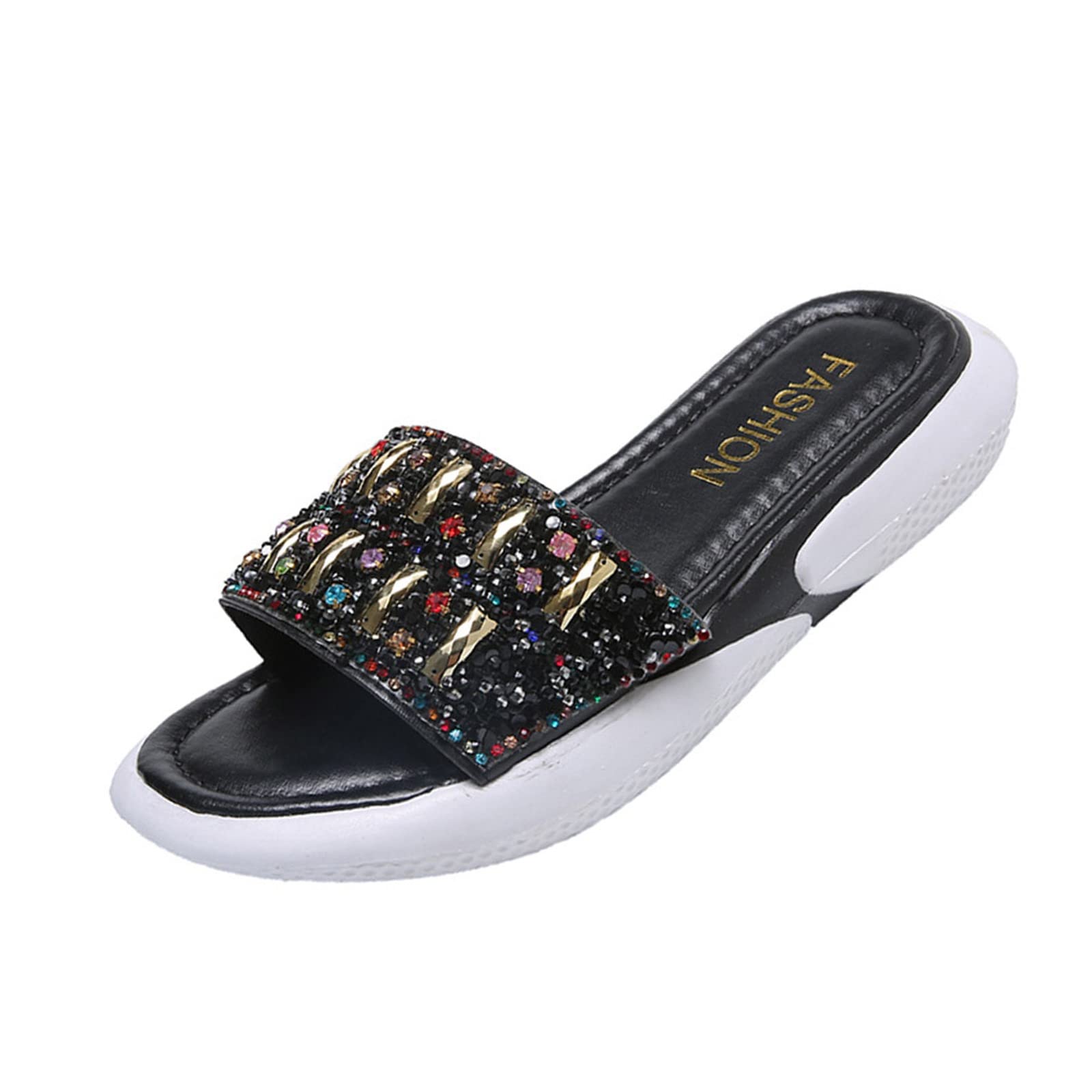 Sparkling Rhinestone Slippers for Women - Elegant Black One Strap Summer Sandals | Beach, Pool & Casual Wear