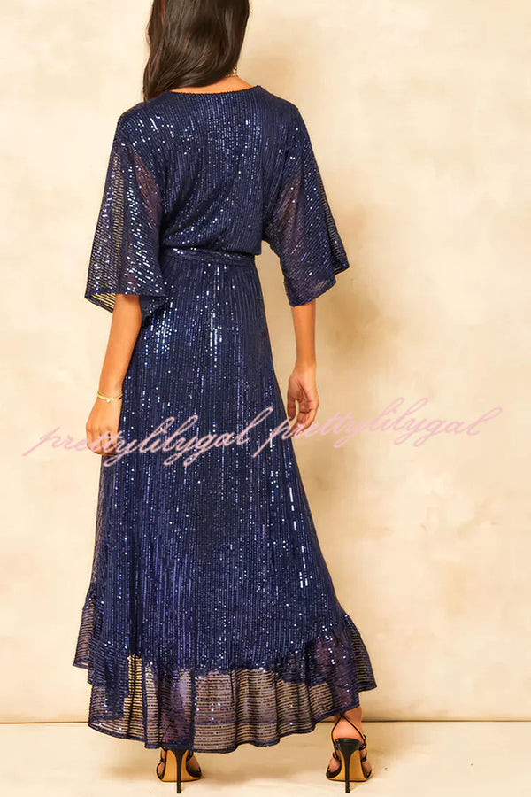 Elegant Solid Color Sequined V-Neck Waist Tie Loose Maxi Dress for Women - Perfect for Evening Parties, Weddings & Special Occasions