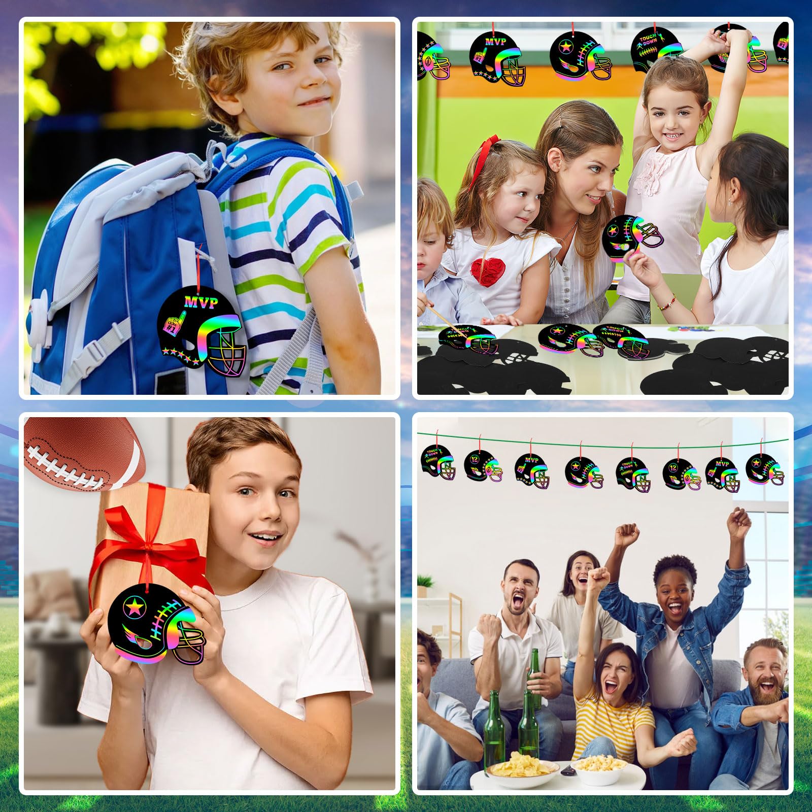 JULMELON 36 PCS Football Crafts Kit for Kids - Rainbow Scratch Paper Art, Football Helmet Scratch Off Cards - Perfect for Football Themed Birthday Parties, School Activities & DIY Sports Crafts