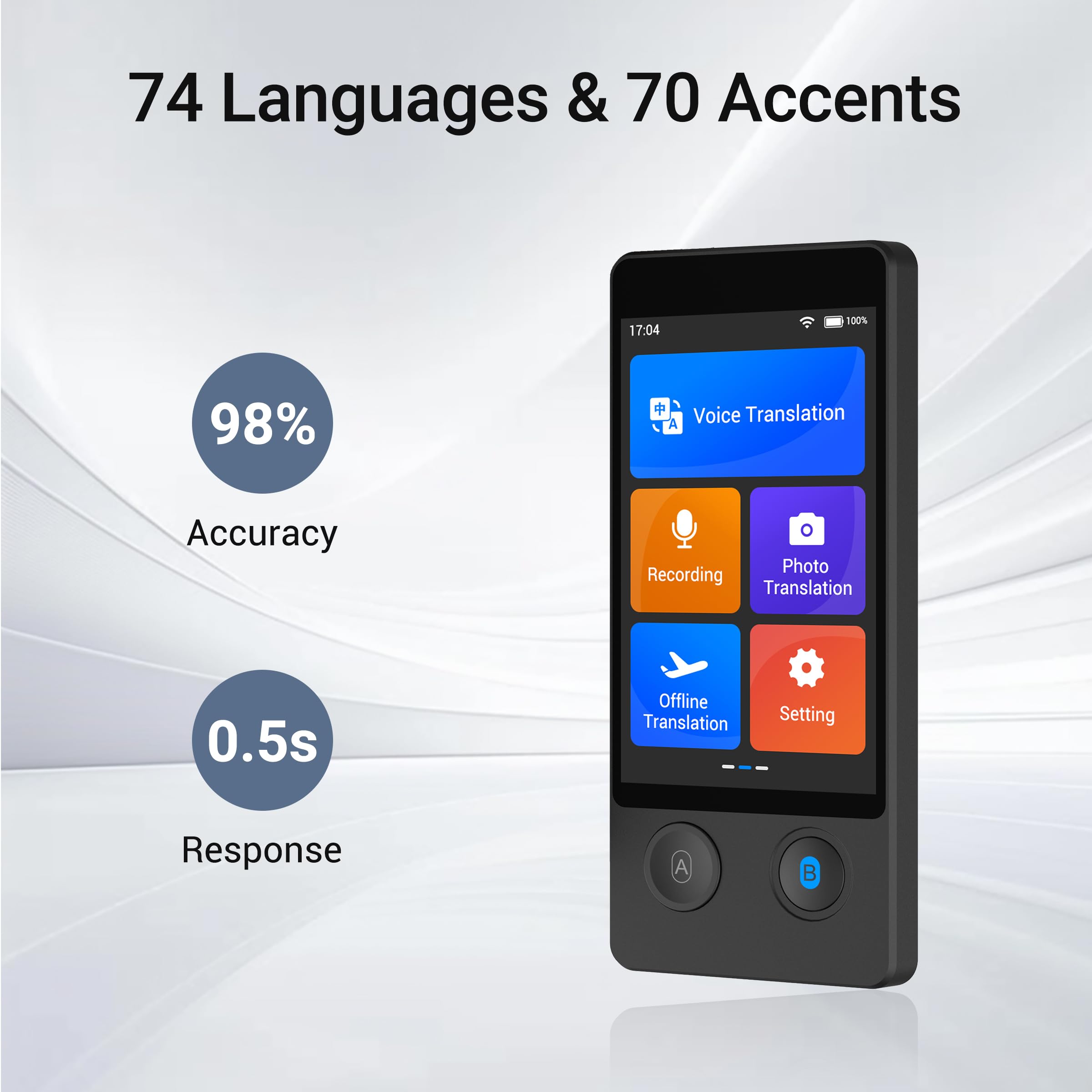 W12S Translator Device - 144 Languages & Accents, 98% Accuracy, 1-Second Two-Way Translation with Protective Case & Lanyard (Black) - Perfect for Travel, Business Meetings & Language Learning