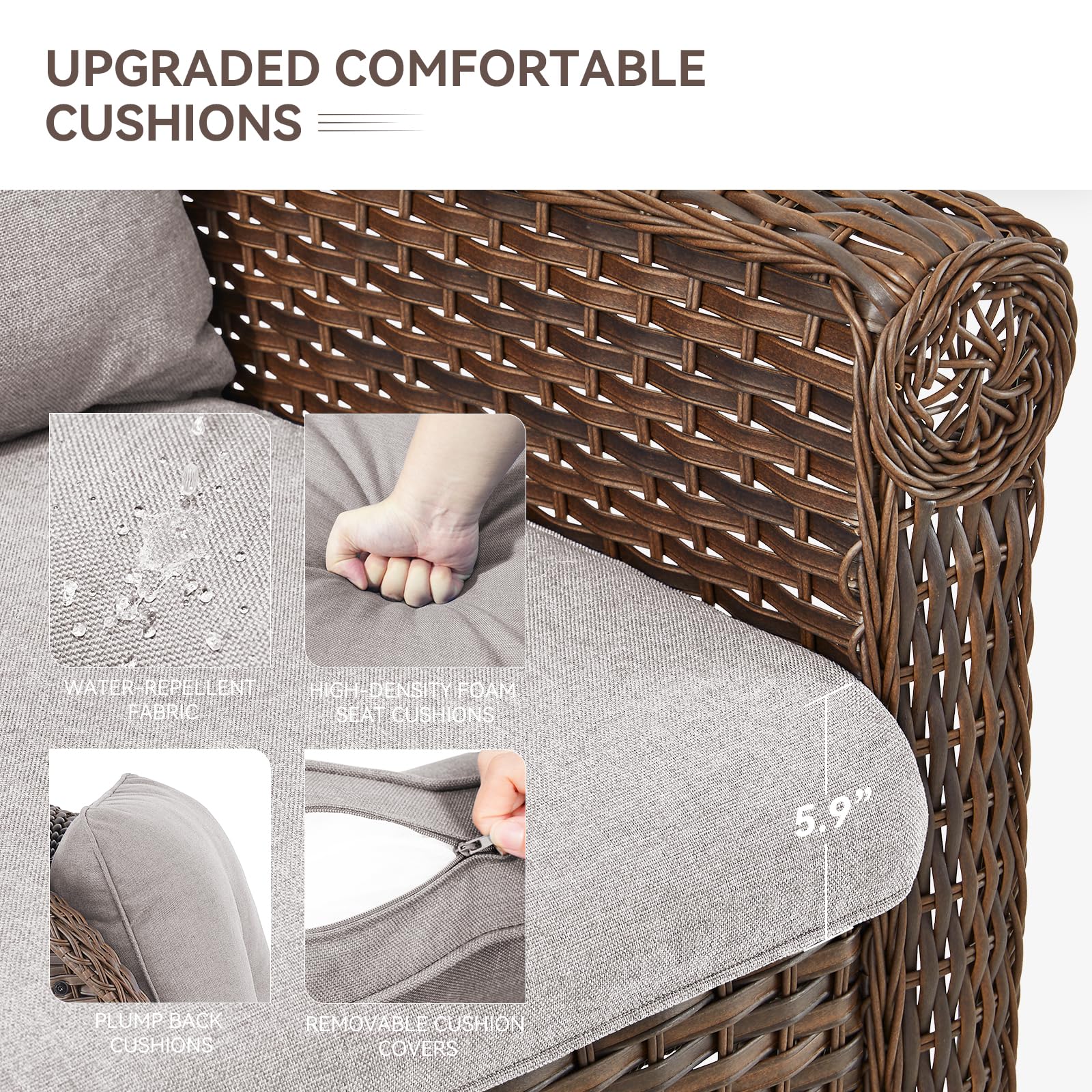 Brown Rattan Patio Loveseat with Water-Resistant Beige Cushions & Chrysanthemum Armrests - Outdoor Wicker Sofa for Garden, Balcony, Backyard & Poolside Relaxation (1PC) - Perfect for Lounging, Sunbathing & Entertaining Guests