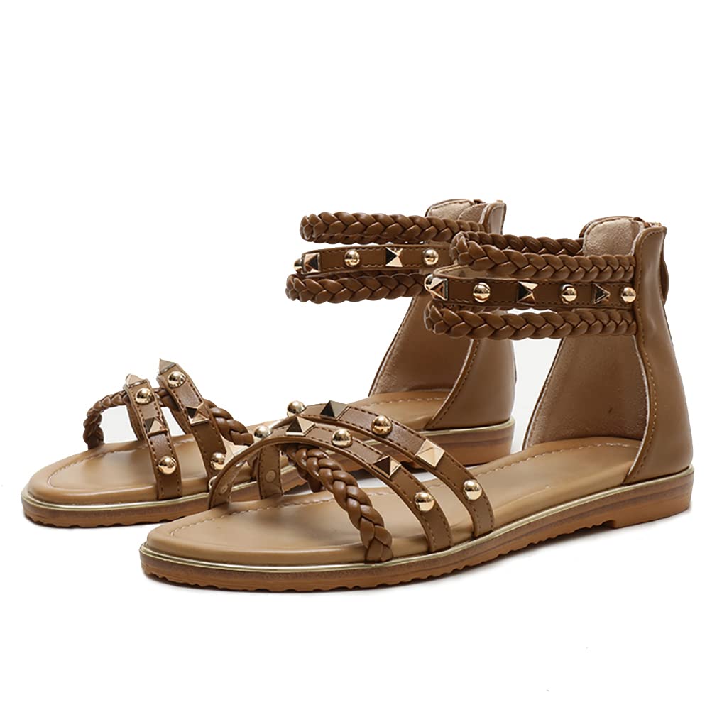 FRALOSHA Women's Open Toe Flat Sandals with Rivet Ankle Strap & Zipper - Summer Beach Casual Shoes for Walking, Travel & Dressy Outfits