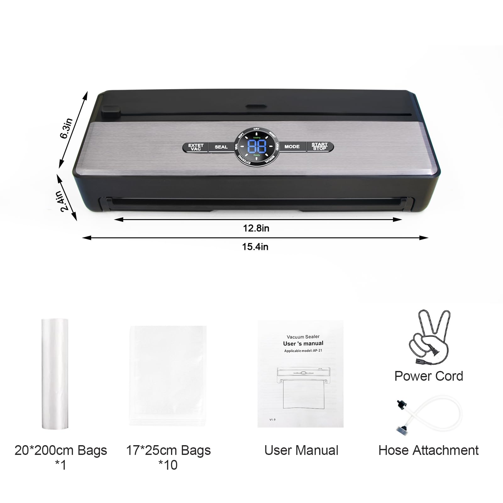9-in-1 Automatic Vacuum Sealer Machine for Food Preservation - 85kPa Powerful Suction for Moist, Dry, Liquid & Soft Foods - Includes Cutter, Bag Storage & External VAC for Jars - Perfect for Meal Prep, Sous Vide & Extending Food Shelf Life - Comes with Starter Kit (1 Bag Roll & 10 Bags)