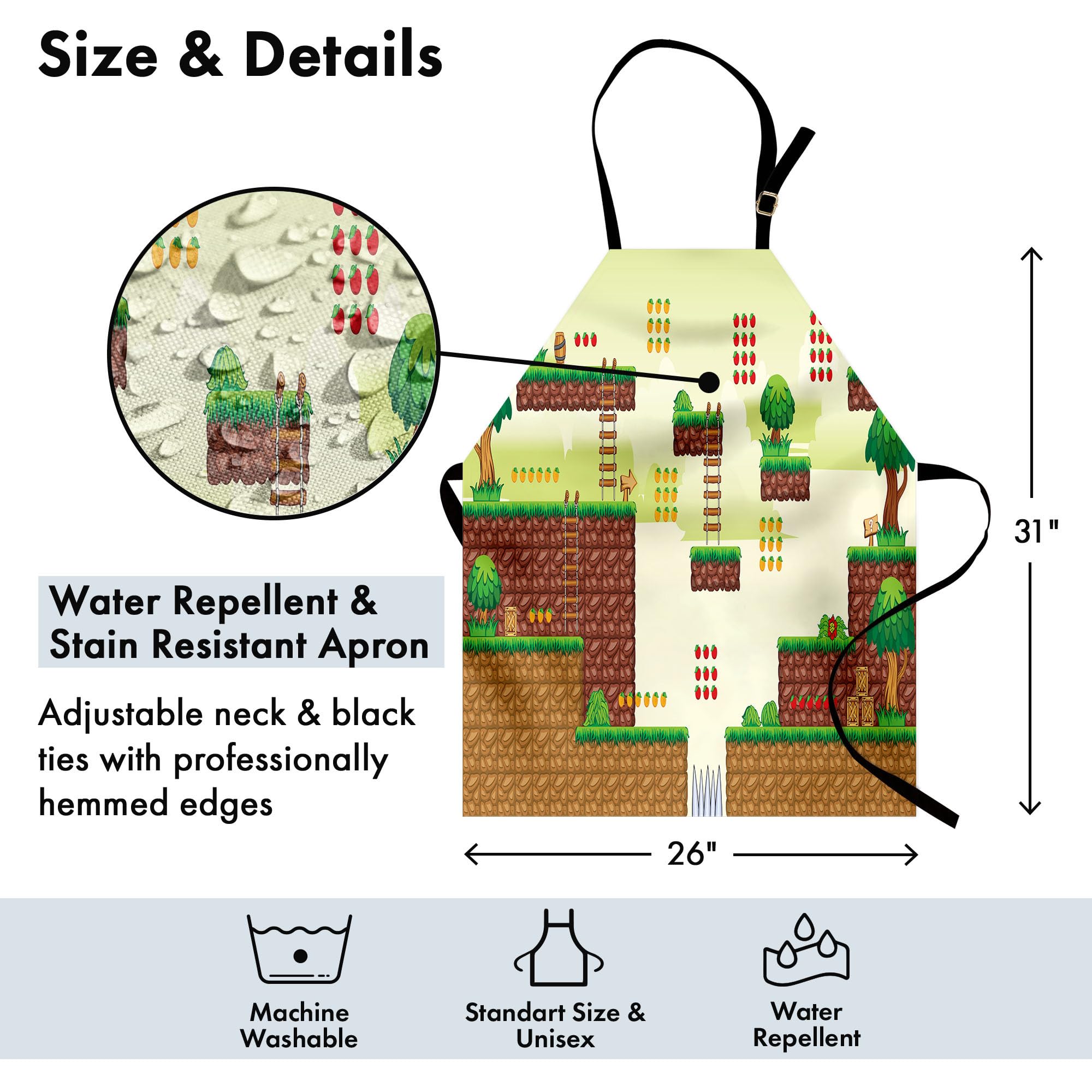 Ambesonne Unisex Arcade Video Game Print Apron - Adjustable Neck Kitchen Bib for Cooking, Baking, Grilling & Gardening - Ground Tiles Trees Computer Game Design - Adult Size Pale Green Brown - Perfect for Gamers, Home Chefs & Outdoor Enthusiasts