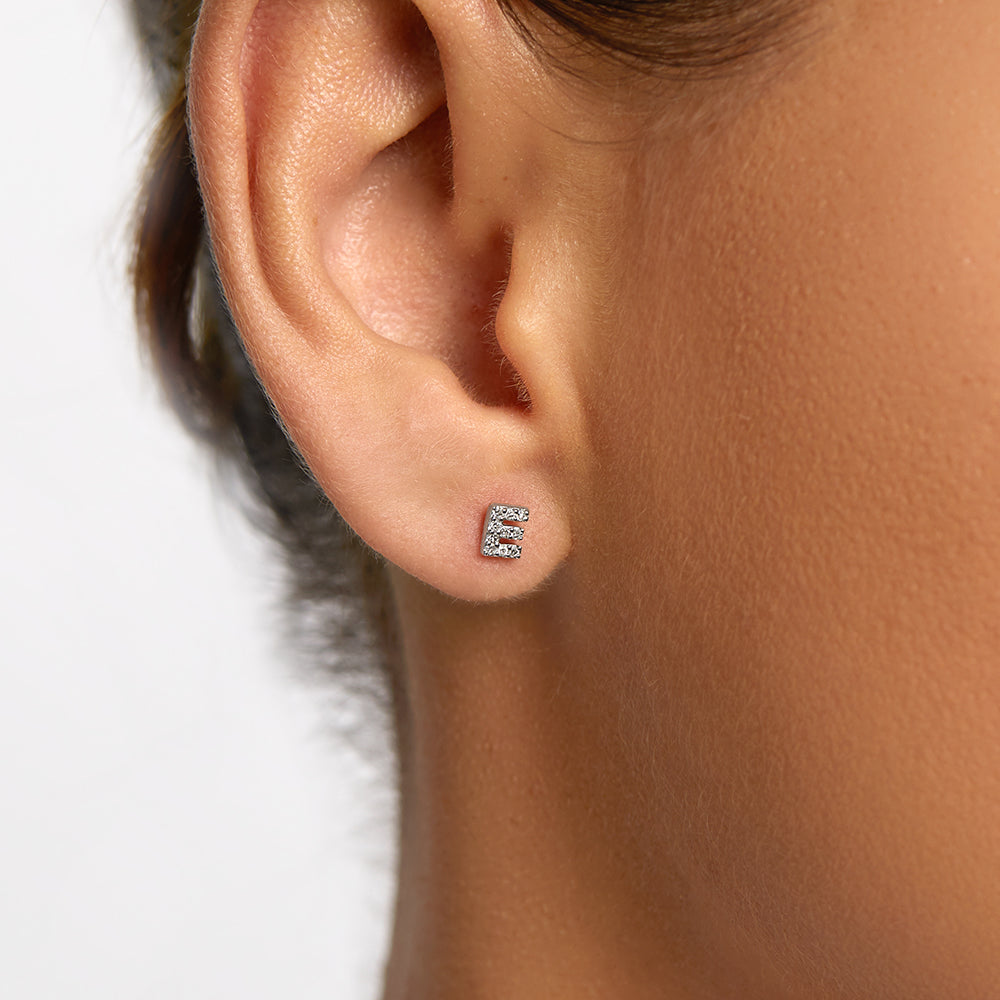 Diamond Letter E Single Stud Earring in Sterling Silver - Perfect for Birthdays, Gifts & Everyday Elegance