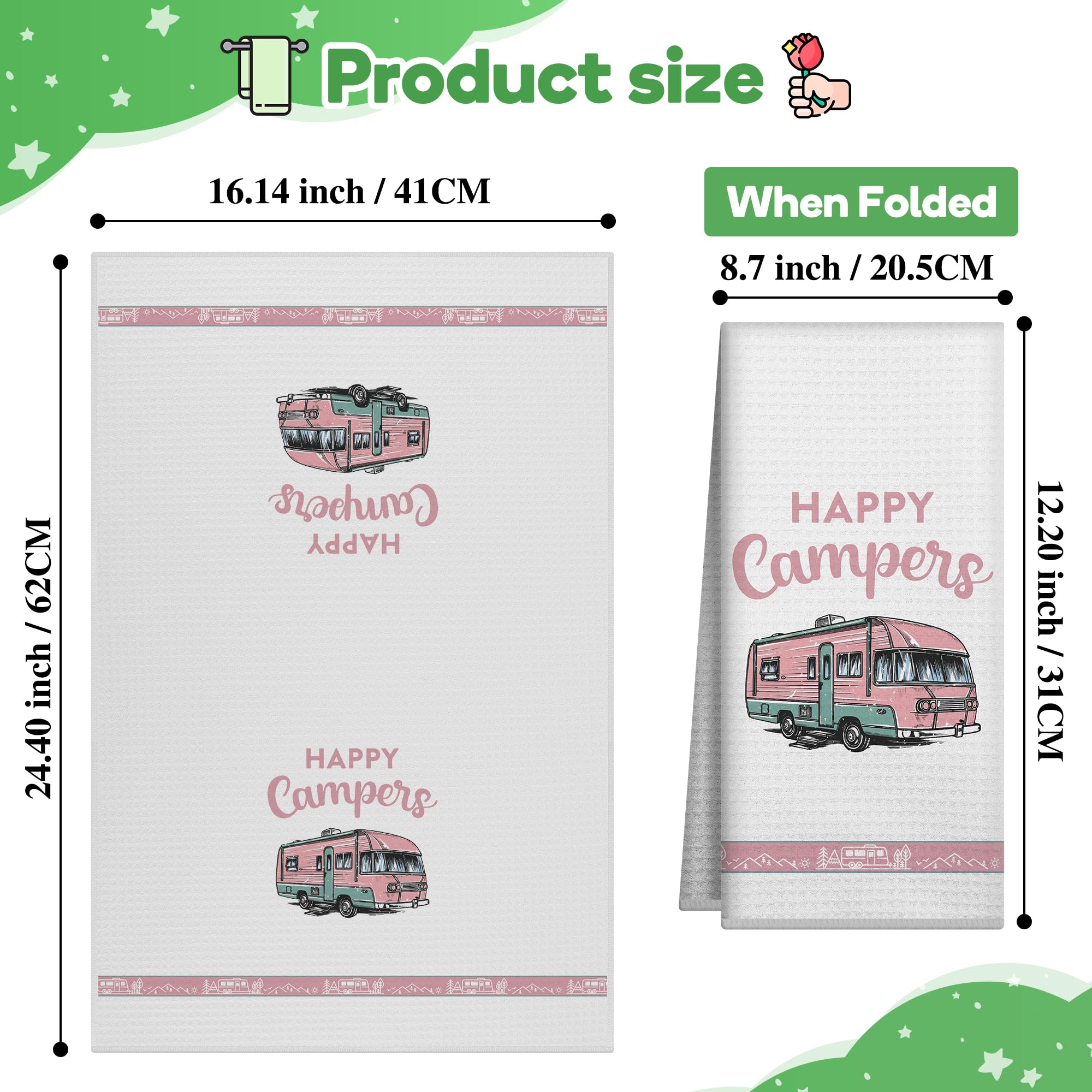 Happy Camper RV Kitchen Towels 2 Pack - Absorbent Cotton Dish Cloths for Camping, RV & Farmhouse Decor - Perfect Housewarming Gifts & Camping Kitchen Essentials (Use for Drying Dishes, Cleaning Surfaces & Cozy Kitchen Decor)