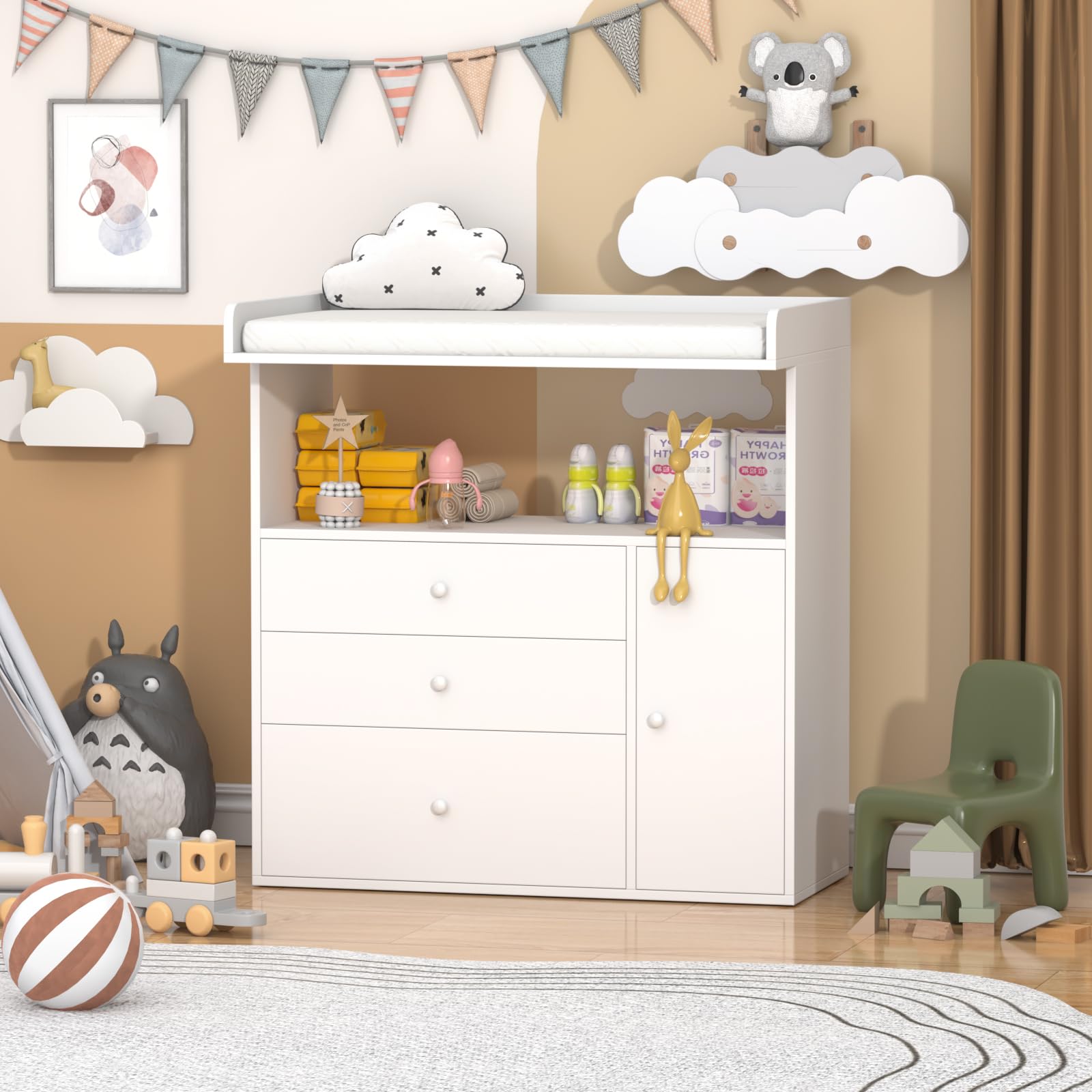 Baby Changing Table Dresser with Wide Tabletop - 3 Drawers & 1 Cabinet Storage - Nursery Organizer with Changing Pad Area - Perfect for Baby Bedrooms, Daycare & Gift Registry Essentials