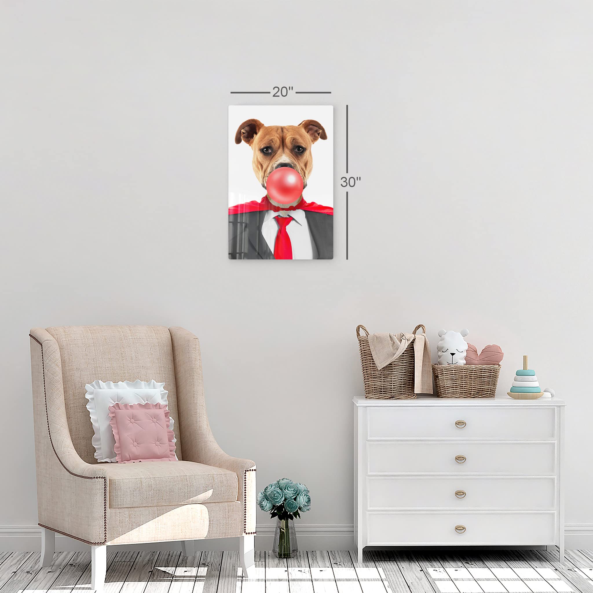 Staffordshire Bull Terrier Superhero Dog Chewing Gum Metal Wall Art Print - Pet Lover Gift, Animal Decor for Living Room, Bedroom, Nursery (24x16 Inches) - Perfect for Dog Themed Rooms & Unique Home Decor