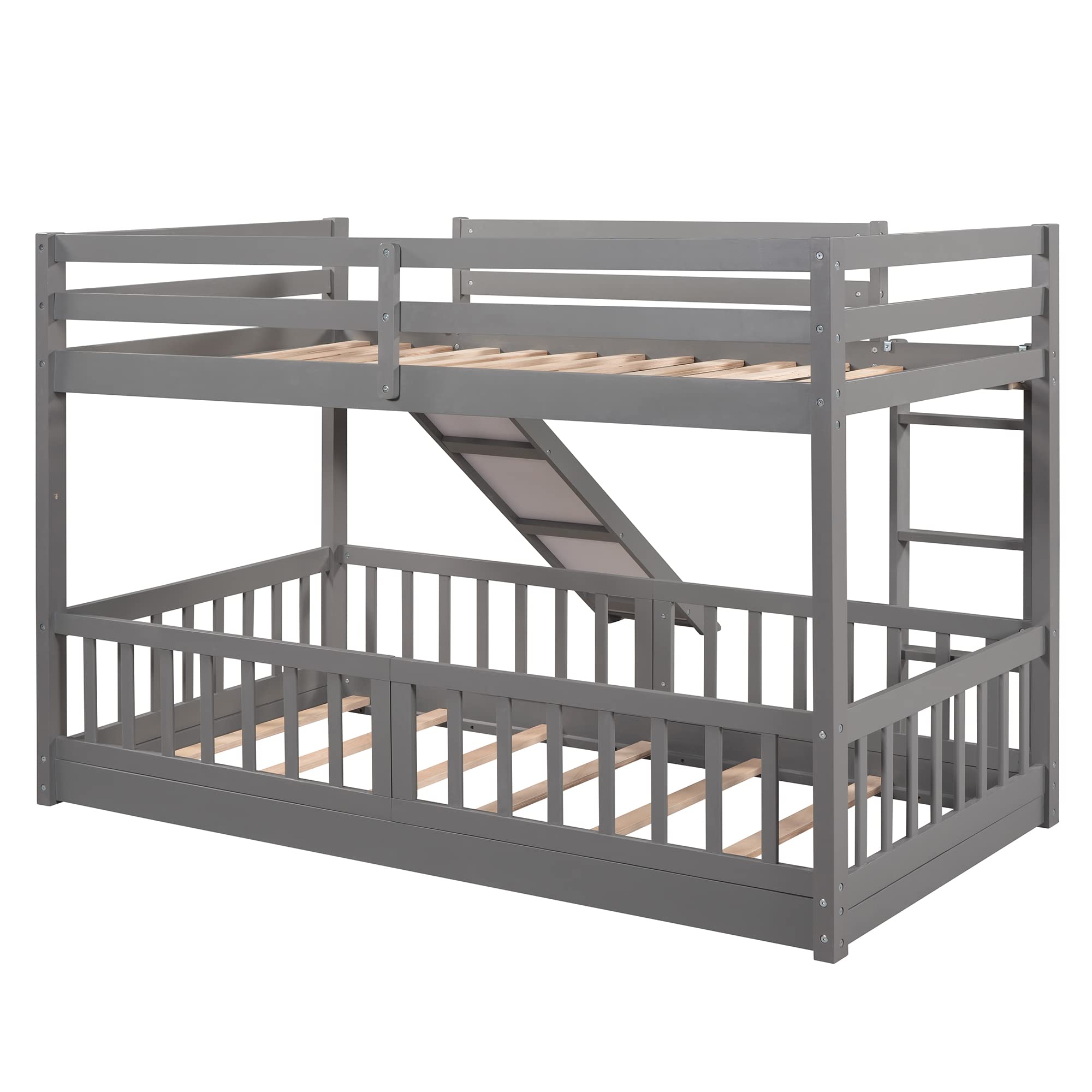 Twin Over Twin Bunk Bed with Slide - Wooden Low Bunk Bed Frame with Ladder & Safety Rail for Kids, Toddlers, Boys & Girls - Perfect for Small Bedrooms, Kids' Rooms & Shared Spaces - Gray