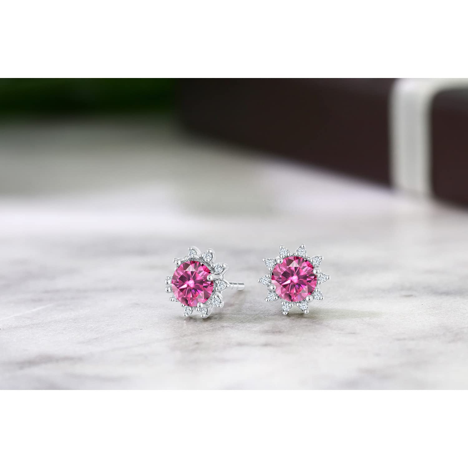 18K White Gold Gemstone & Diamond Halo Stud Earrings for Women | Birthstone Jewelry Gift | Elegant & Dainty for Weddings, Parties & Everyday Wear