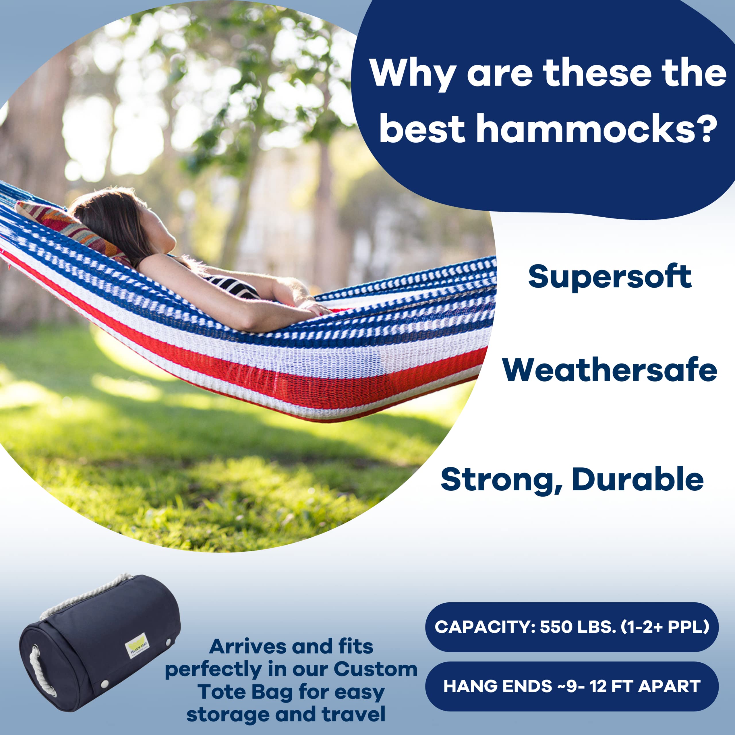 Yellow Leaf Hammocks Handwoven Family Size Hammock - 550lb Capacity, Weatherproof & Ultra Soft for 2+ People - Easy to Hang, Artisan Made in Red, White & Blue - Perfect for Backyard, Beach & Camping Relaxation