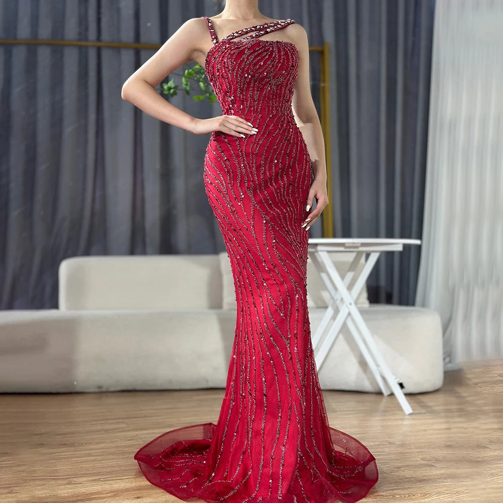 Elegant Beaded One Shoulder Mermaid Evening Gown for Women - Serene Hill Green Luxury Red Prom Dress for Wedding Party & Special Occasions | Perfect for 2025 Formal Events, Galas and Red Carpet