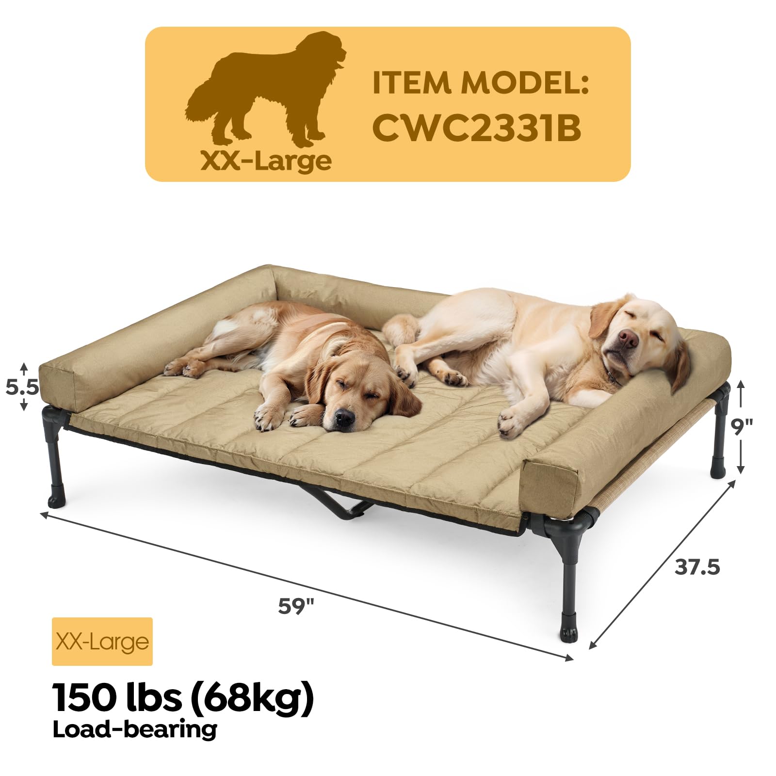 Veehoo Cooling Elevated Dog Bed with Removable Waterproof Bolster Cushion - Breathable Mesh Pet Cot with Non-Slip Feet for Indoor & Outdoor Use - 59x37.5 Inch Beige Dog Couch (CWC2331B) - Perfect for Hot Weather, Patio Lounging & Kennel Comfort