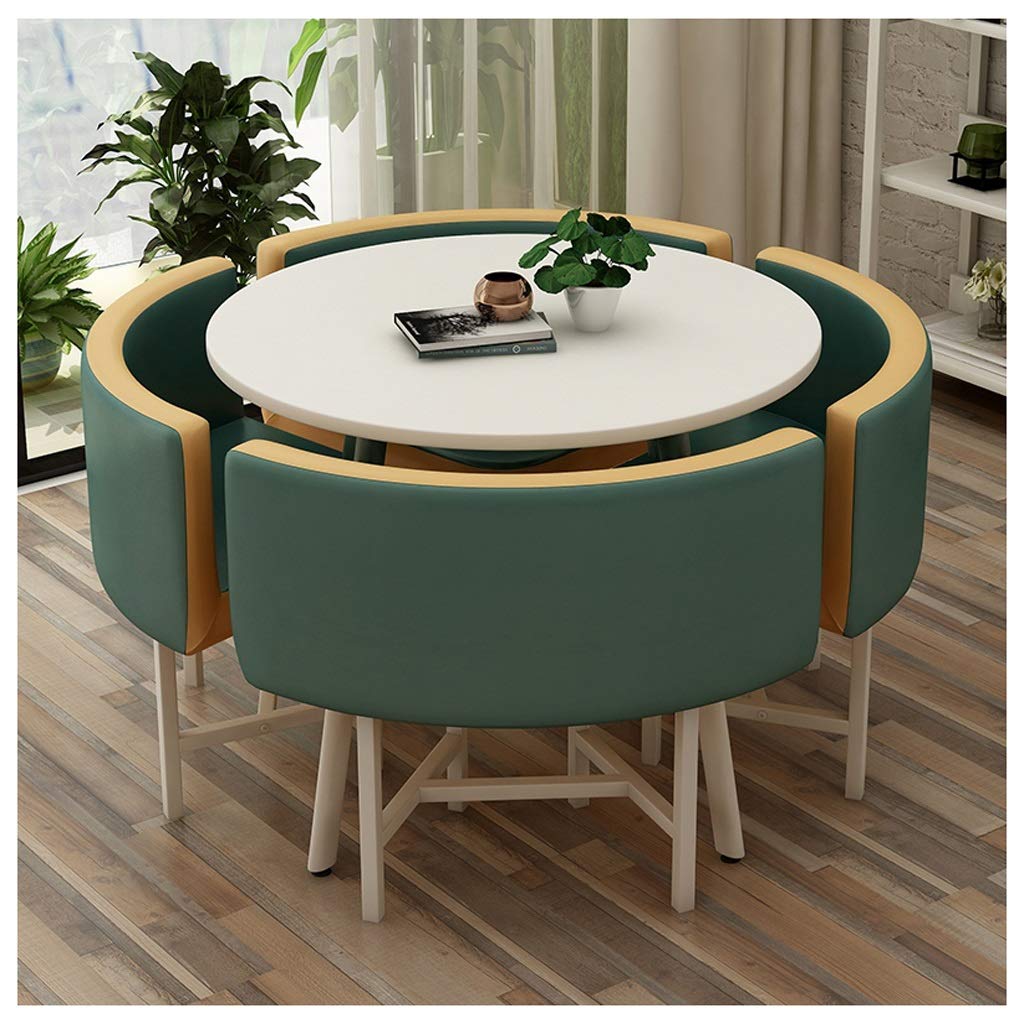 Modern Round Table and 4 Leather Chairs Set - Army Green Balcony, Living Room, Dining Table for Home, Office, Meeting Room, Coffee Shop & Beauty Salon - Perfect for Relaxation, Work & Social Gatherings