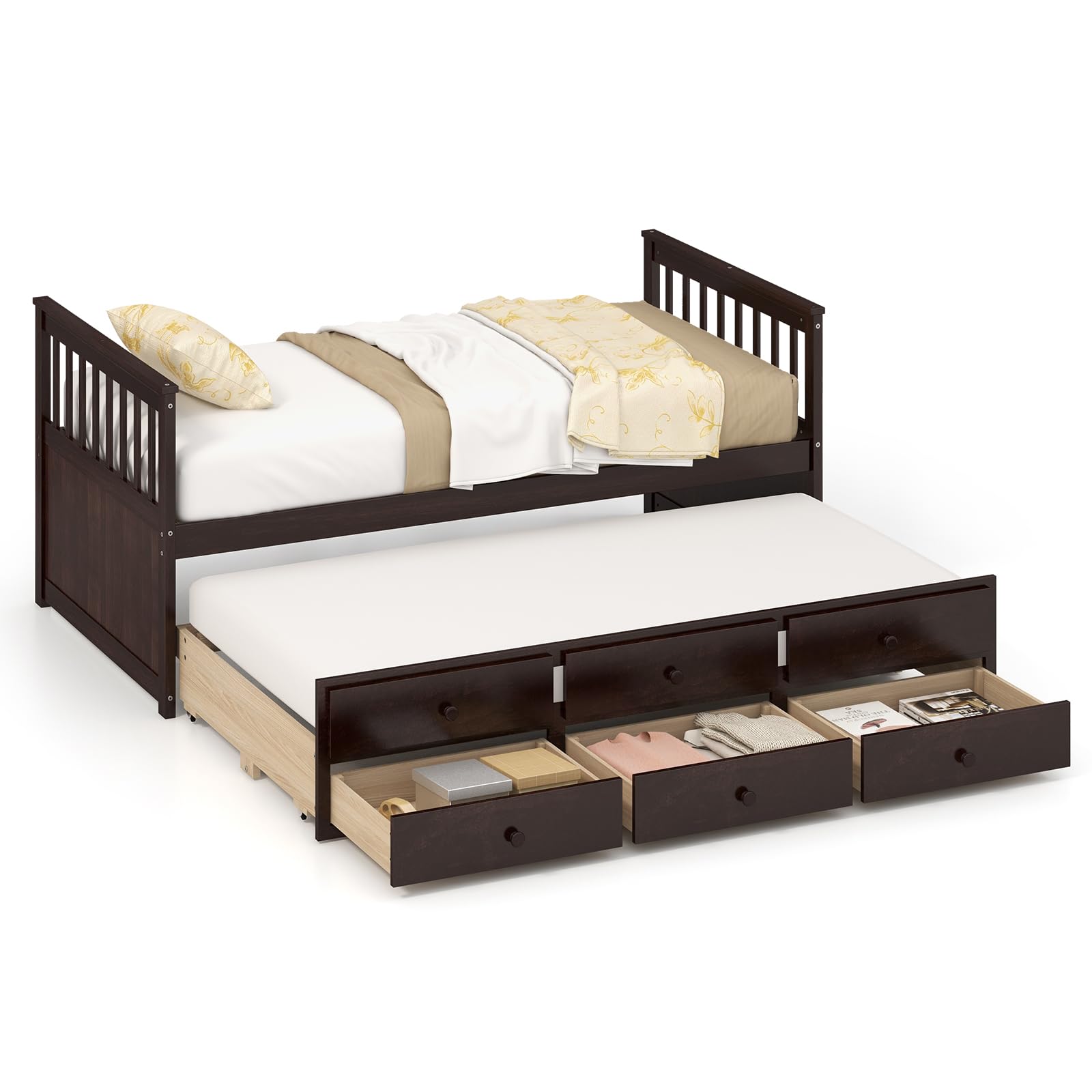 DORTALA Twin Size Trundle Bed with Storage Drawers - Wooden Daybed Frame for Boys, Girls & Adults - No Box Spring Needed - Modern Espresso Captains Bed - Perfect for Bedroom, Guest Room & Small Spaces