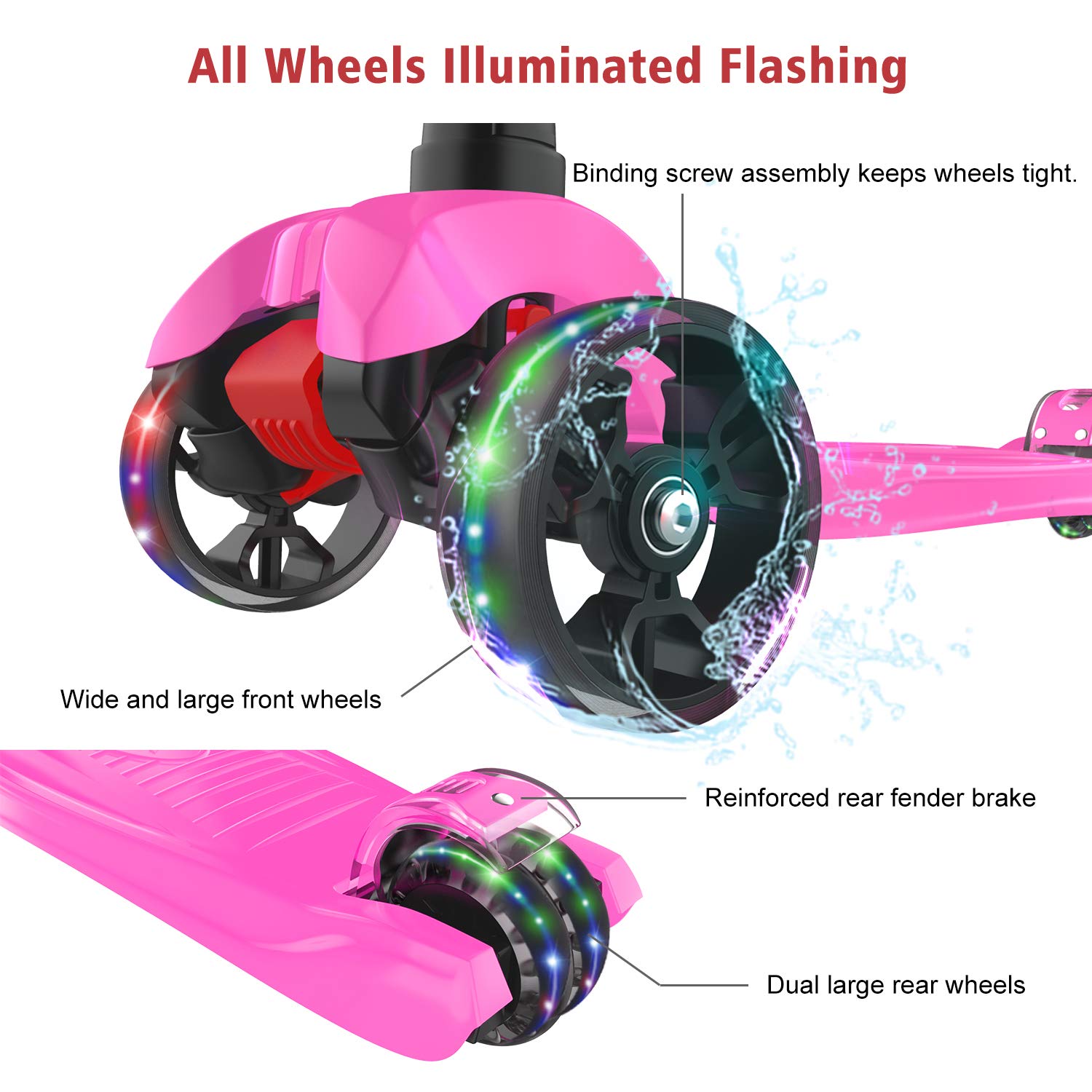 Allek B02 Kick Scooter for Kids Ages 3-12 | Adjustable Height Lean-to-Steer Scooter with LED Light-Up Wheels | Extra Wide PU Wheels for Smooth Ride | Perfect for Commuting, Park Rides & Outdoor Play (Rose Pink)