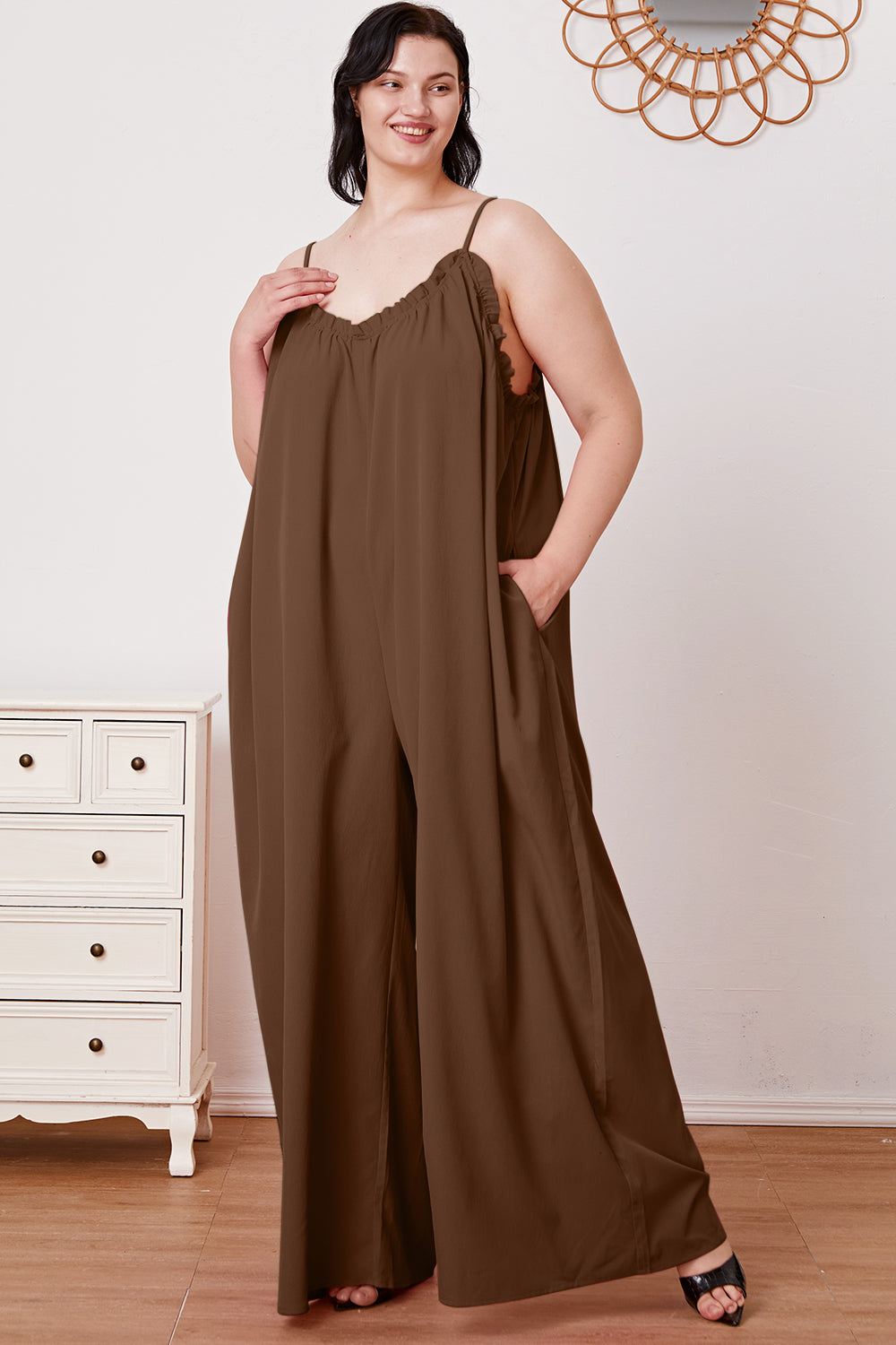 Plus Size Ruffle Trim Tie Back Cami Jumpsuit with Pockets - Women's Casual Summer Romper for Beach, Vacation & Date Night Outfits