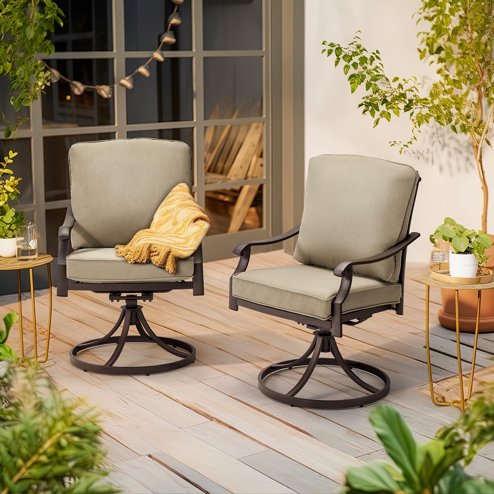 MELLCOM 2-Piece Patio Swivel Chair Set - Heavy Duty Outdoor Dining Chairs with Thickened Cushions, Gentle Rocking Metal Chairs for Garden, Lawn, Porch & Backyard - Khaki - Perfect for Outdoor Dining, Relaxing & Entertaining
