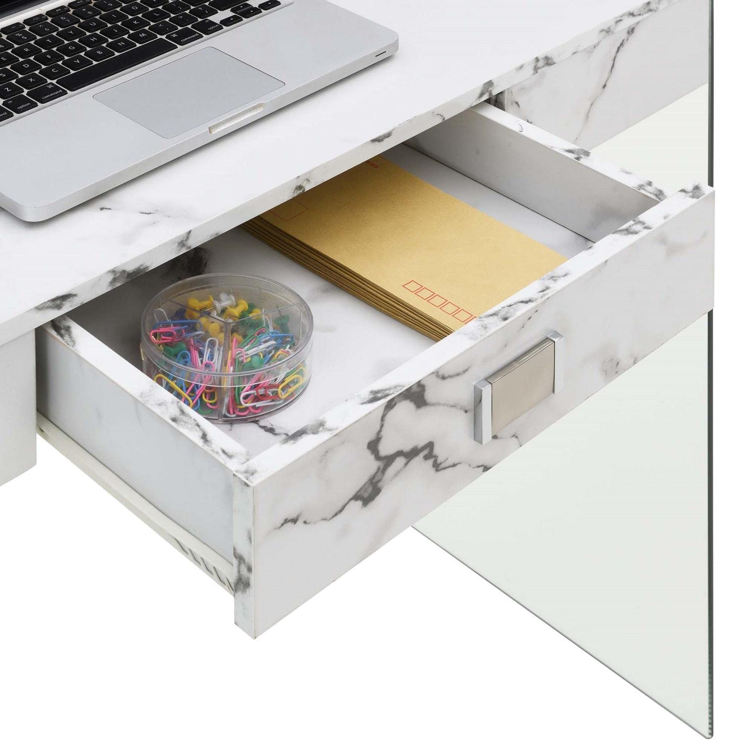 Convenience Concepts SoHo 36-inch White Faux Marble Glass Desk with 1 Drawer - Modern Home Office Furniture for Small Spaces & Workstations