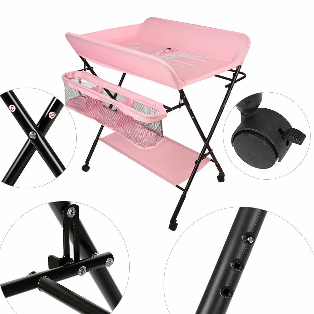 Adjustable Height Folding Baby Changing Table with Storage Basket & Wheels - Portable Nursery Diaper Station for Newborns & Toddlers (Pink) - Perfect for Small Spaces, Daycare & Travel Use