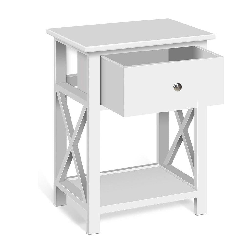 White Wooden Bedside Table with Drawer - Nightstand for Bedroom, Coffee Side Cabinet for Living Room, Compact Storage Furniture for Small Spaces