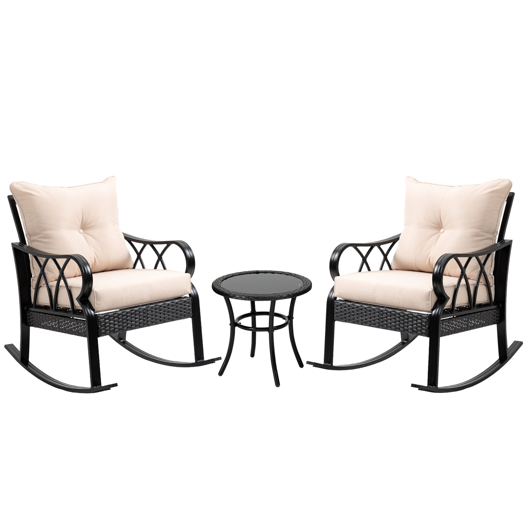 Outsunny 3-Piece Wicker Rocking Patio Set with Glass Coffee Table & Cushioned Chairs - Outdoor Rattan Bistro Furniture for Backyard, Balcony, Garden - Perfect for Relaxing, Entertaining Guests & Enjoying Morning Coffee