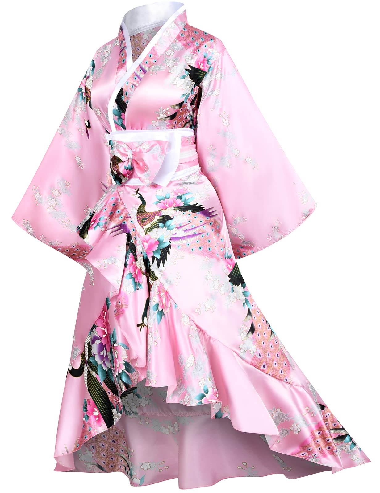 Women's Kimono Robe & Yukata Dress Set - Floral Satin Bathrobe with Ruffle Sleeves & Tabi Socks - Japanese Geisha Style Sleepwear for Spa, Lounge & Cosplay