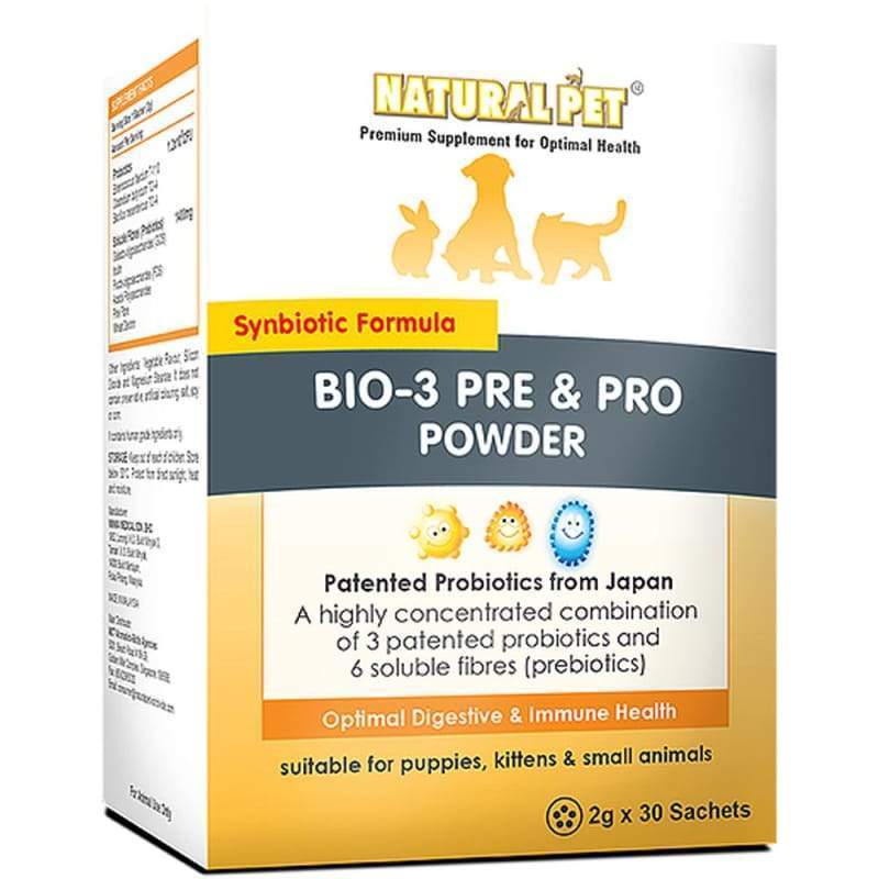 Natural Pet Bio 3 Prebiotic & Probiotic Powder for Dogs & Cats - 60g (30 x 2g Packets) - Supports Digestive Health & Immunity - Perfect for Travel, Daily Supplement & Post-Antibiotic Care