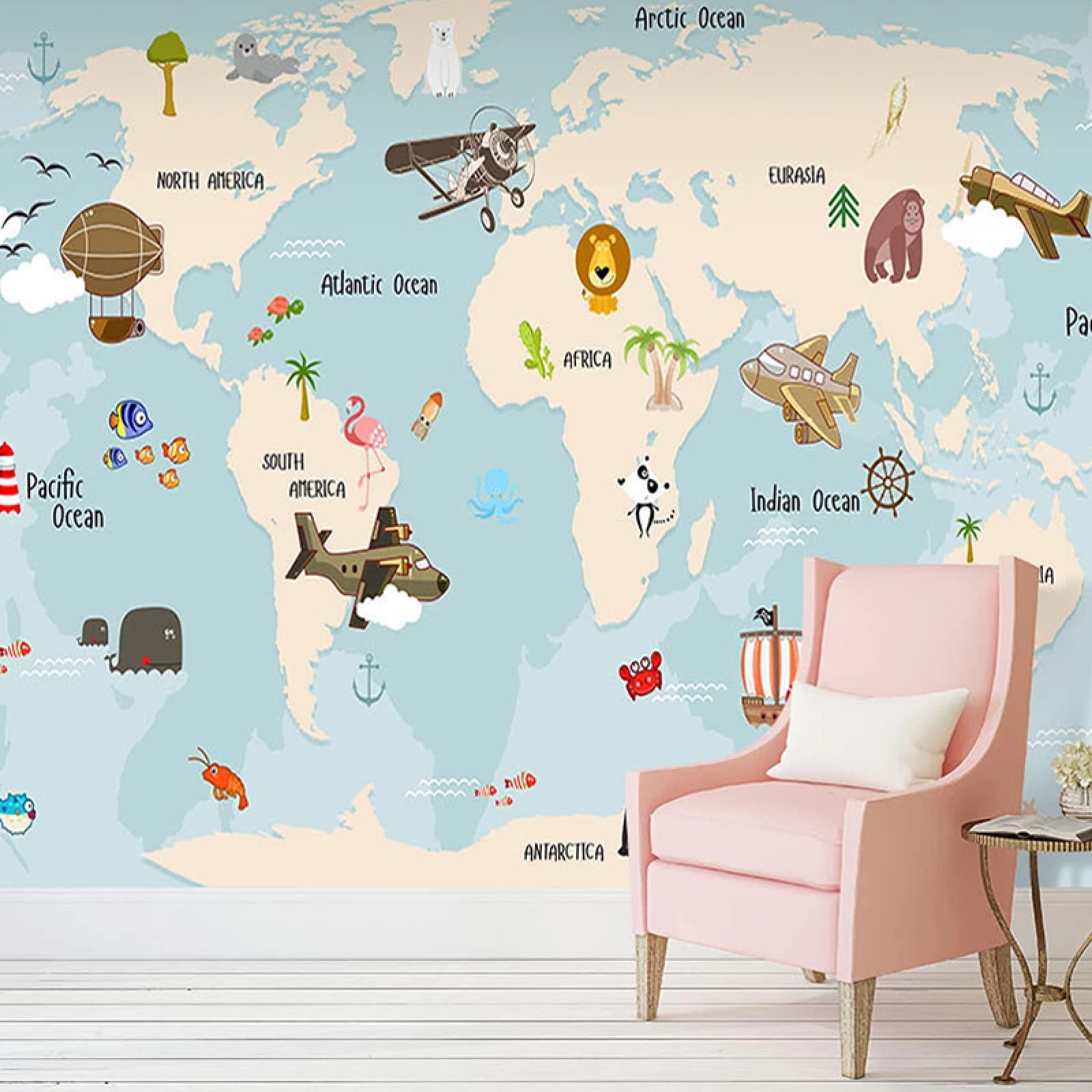 Cartoon Animal World Map Wall Mural - Self-Adhesive Removable Wallpaper with Sailboat & Airplane Design for Living Room & Bedroom Decor | Perfect for Kids Room, Nursery, Classroom & Office Background