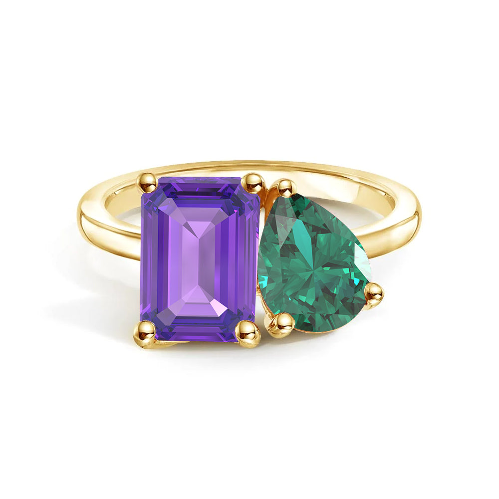 Personalized Toi et Moi Amethyst Birthstone Ring - Custom Anniversary Jewelry for Couples, Gift for Her, Romantic Proposal & Wedding Band