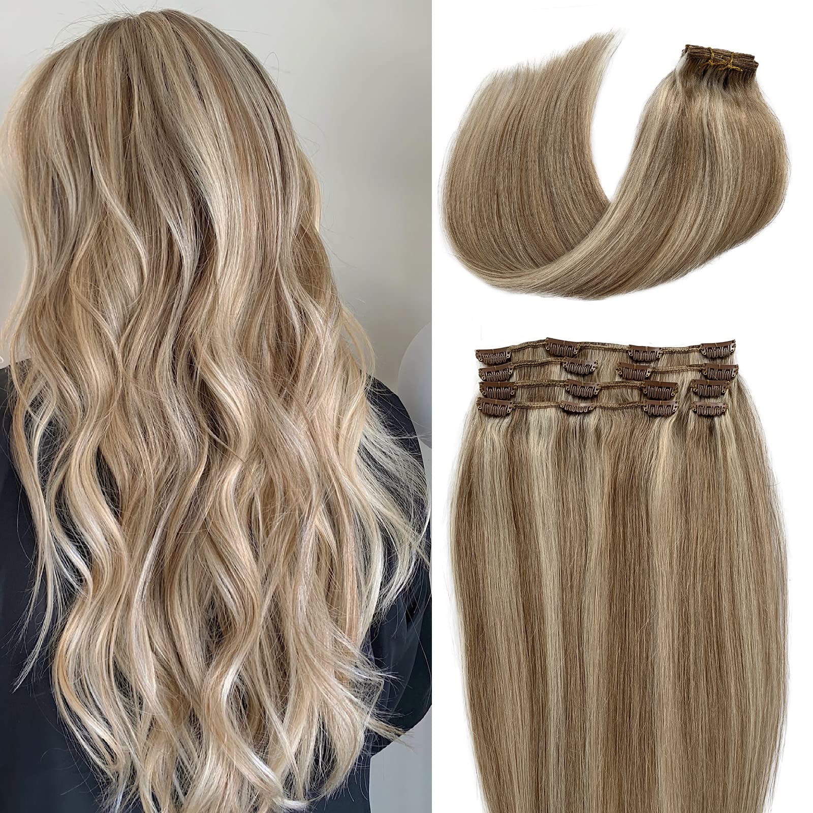 15 Inch Clip in Hair Extensions - Natural Straight Human Hair Blend (Platinum Blonde & Ash Brown Highlights) - 7pcs 70g Set for Women | Perfect for Volume Boost, Styling & Special Occasions