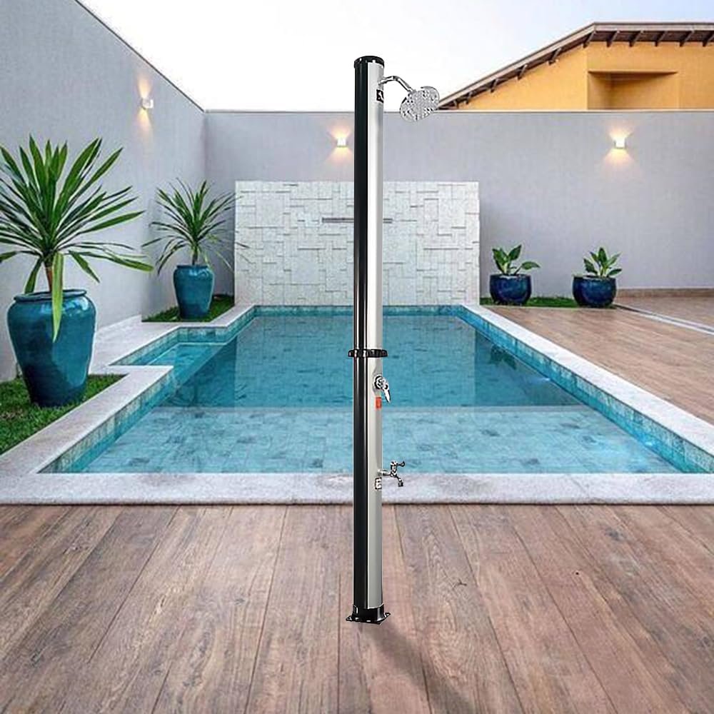 **Axonl 5.3/9.3 Gallon Solar Outdoor Shower with Adjustable Shower Head & Foot Tap – Portable Camping, Beach, Poolside, Garden, Backyard Use – Silver (5.3 Gallon)**    **Use Cases:** Perfect for camping trips, beach outings, poolside showers, garden cleaning, and backyard relaxation.