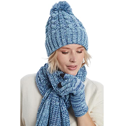 Cozy Fleece Lined Cable Knit Beanie Hat, Scarf & Gloves Set for Women & Men - Winter Warm Accessories for Skiing, Snowboarding & Outdoor Activities