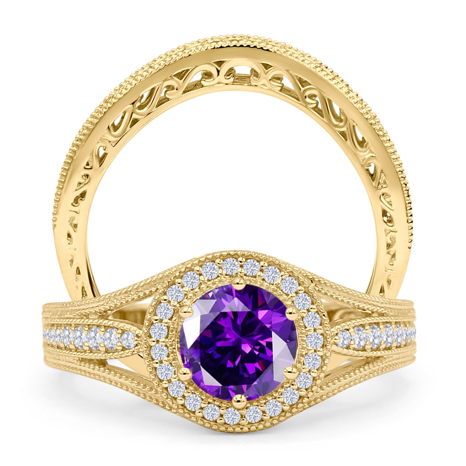 14K Yellow Gold Halo Split Shank Amethyst CZ Ring for Women - Elegant Two Piece Round Curved Contour Band Jewelry for Engagement, Wedding, Anniversary Gifts & Special Occasions