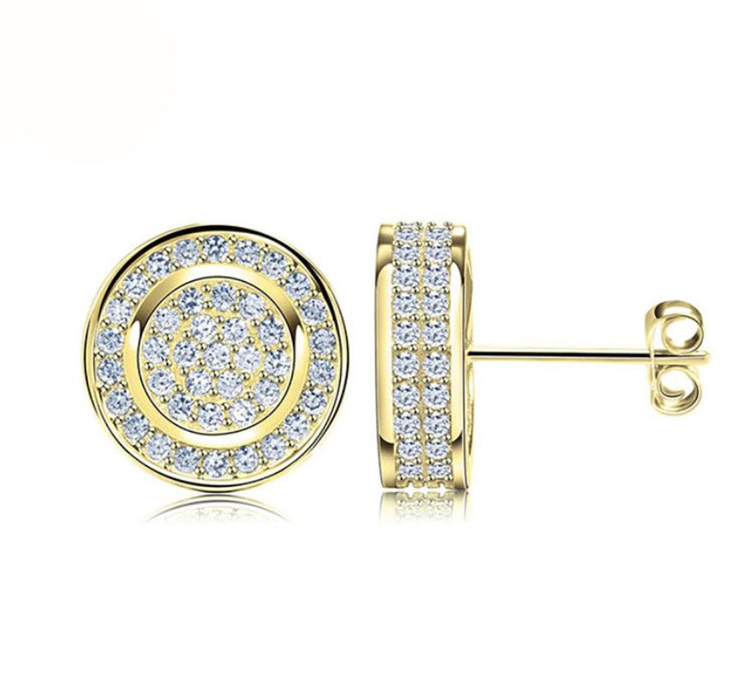 3D Cubic Zirconia Round Stud Earrings - White or Yellow Gold Plated Iced Out Hip Hop Jewelry for Men & Women | Perfect for Parties, Gifts & Everyday Fashion Accessories