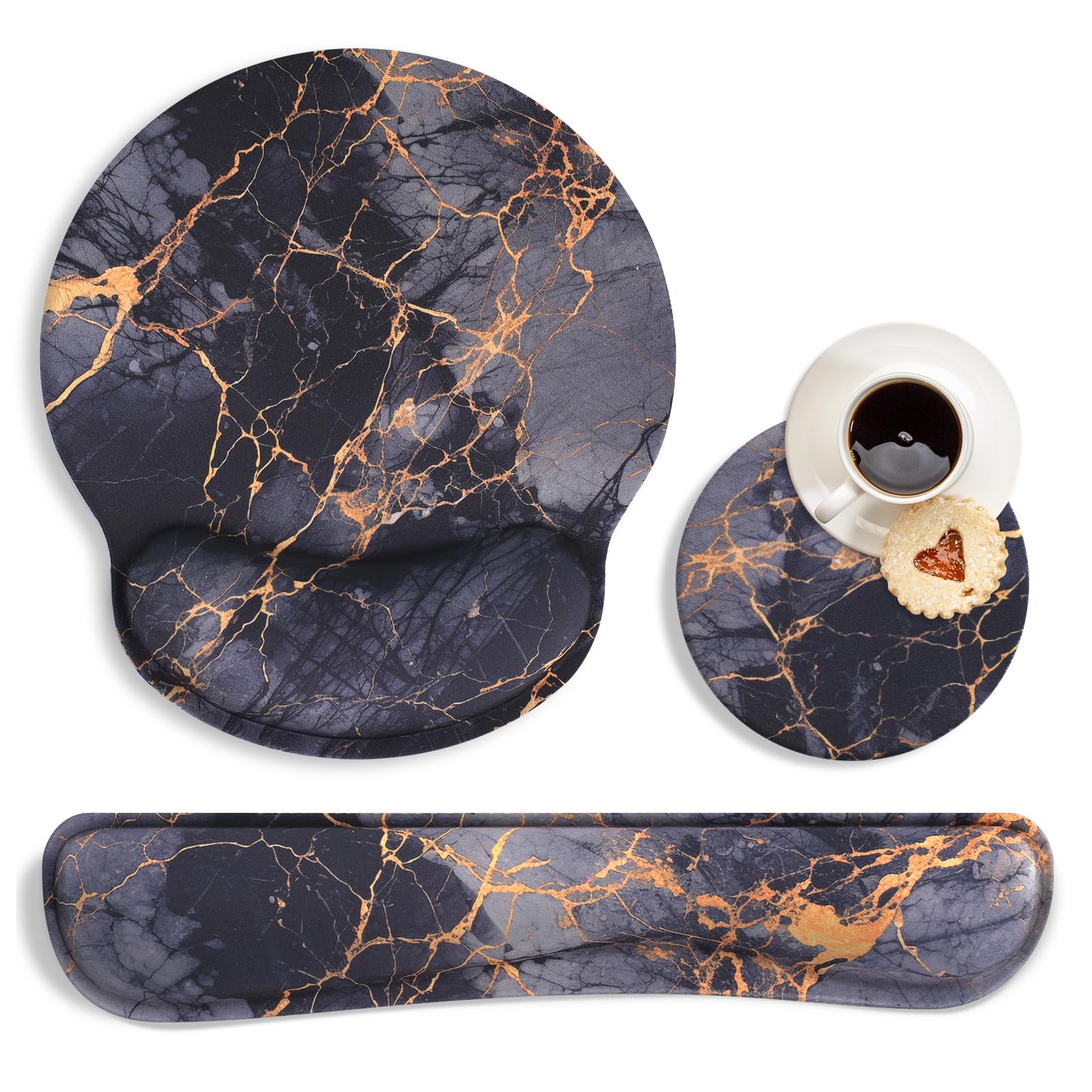 Ergonomic Mouse Pad and Keyboard Wrist Rest Set - Black Grey Orange Marble Design, Memory Foam Support for Wrist Pain Relief | Perfect for Office Work, Gaming & Long Computer Use