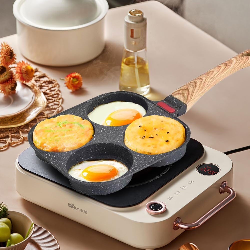 CEWROM Nonstick Pancake Pan with 4 Molds - Aluminum Frying Pan for Eggs, Burgers, Steaks & Omelets - Compatible with Gas & Induction Stoves - Perfect for Breakfast, BBQ, and Home Cooking