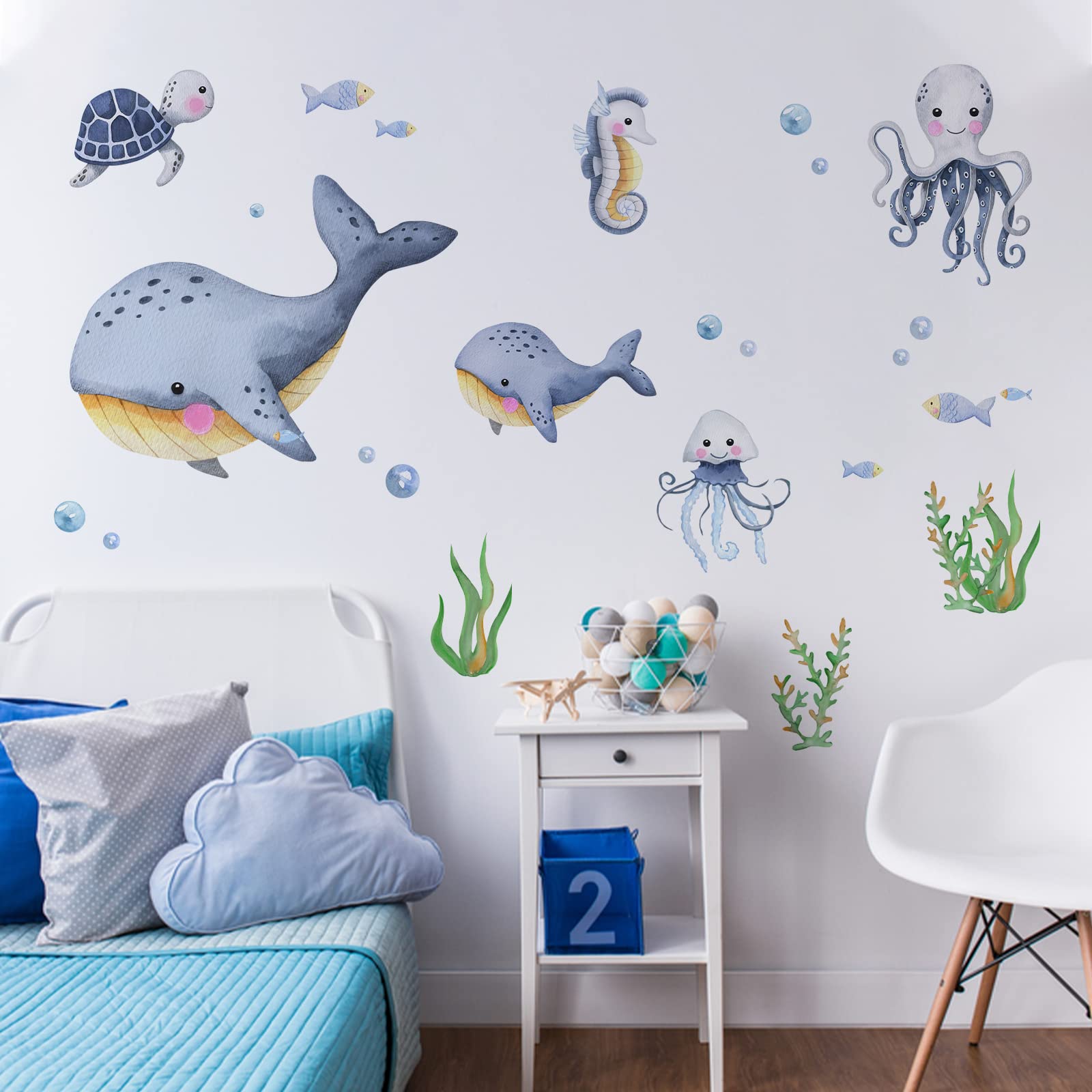 Under The Sea Whale Wall Decals - Ocean Theme Mermaid & Marine Animal Stickers for Kids Room Decor | Neutral Nursery, Toddler Bedroom & Baby Gift Ideas | Perfect for Birthday Parties, Classroom Decor & DIY Home Design