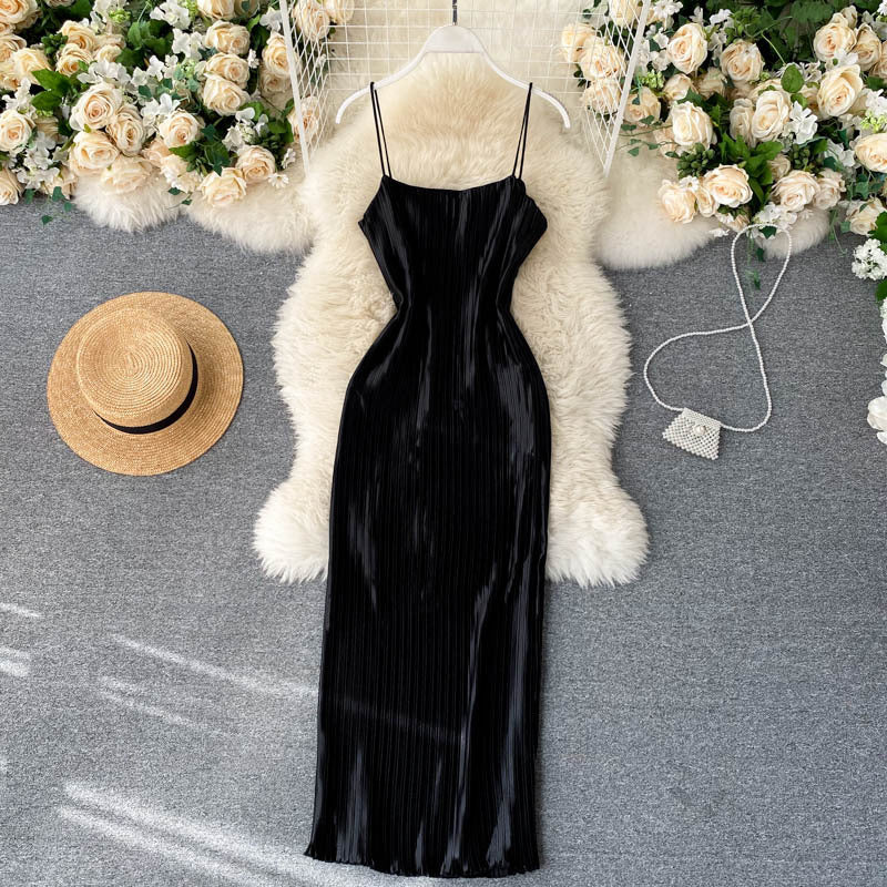 Elegant Gilt Yellow Pleated Suspender Dress with Elastic Waist & Sexy Backless Design - Perfect for Evening Parties, Date Nights & Special Occasions