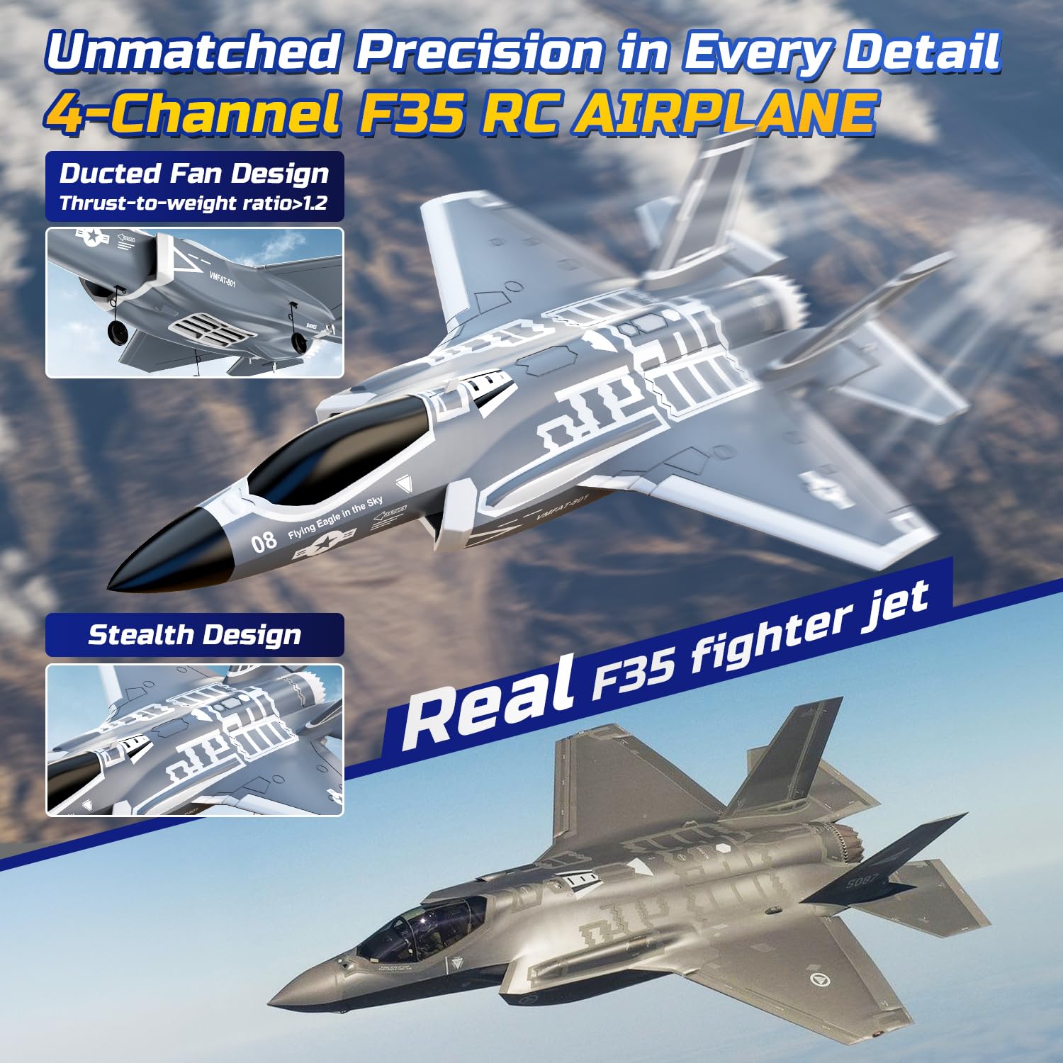 DEERC F35 4 Channel Brushless RC Plane for Adults - 2.4GHz Remote Control Airplane with 6-Axis Gyro Stabilizer, RTF Ducted Fan Fighter Jet - Easy to Fly Hobby Aircraft for Advanced Players | Outdoor Flying, Backyard Fun & RC Aviation Enthusiasts
