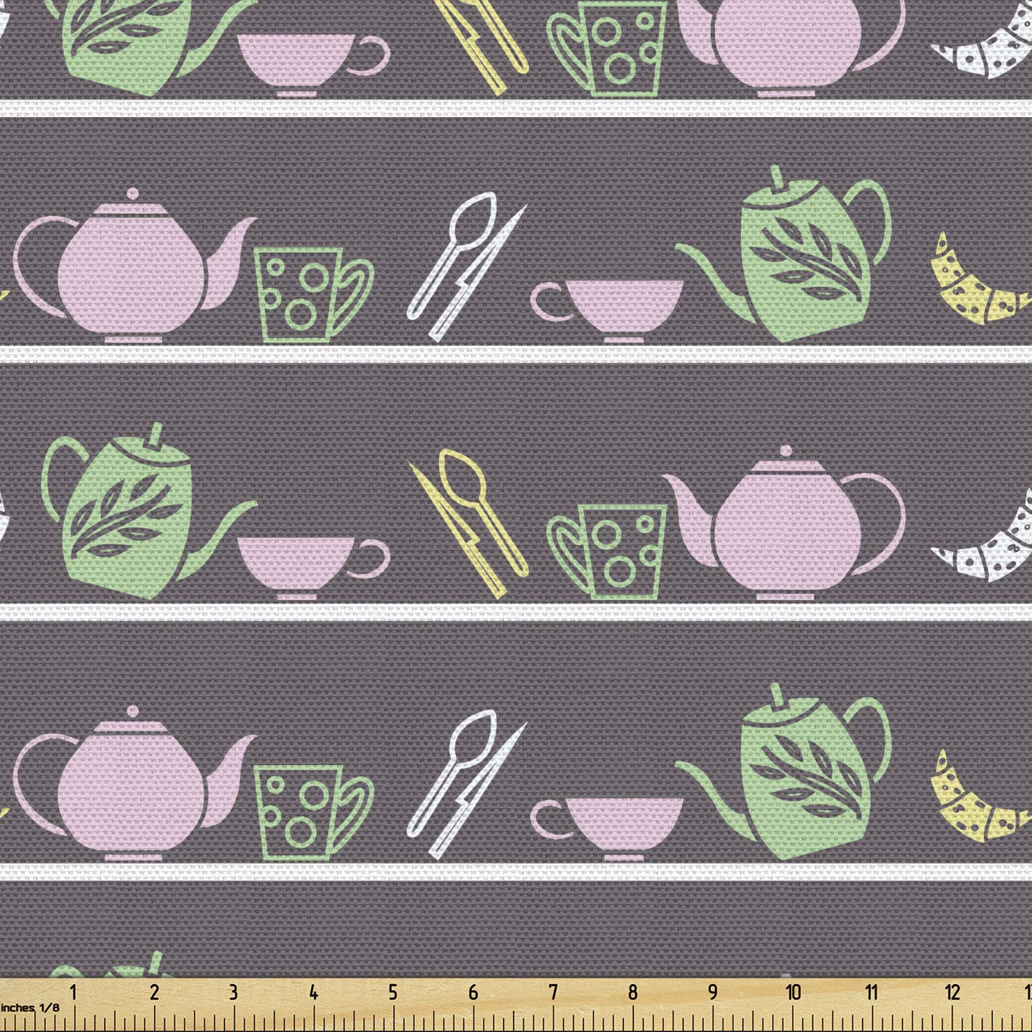 Ambesonne Food Fabric by The Yard - Colorful Cartoon Tea & Coffee Party Pots & Cups Design, Decorative Upholstery Fabric for Home Decor, 10 Yards, Eggplant Multicolor - Perfect for DIY Tablecloths, Curtains & Craft Projects