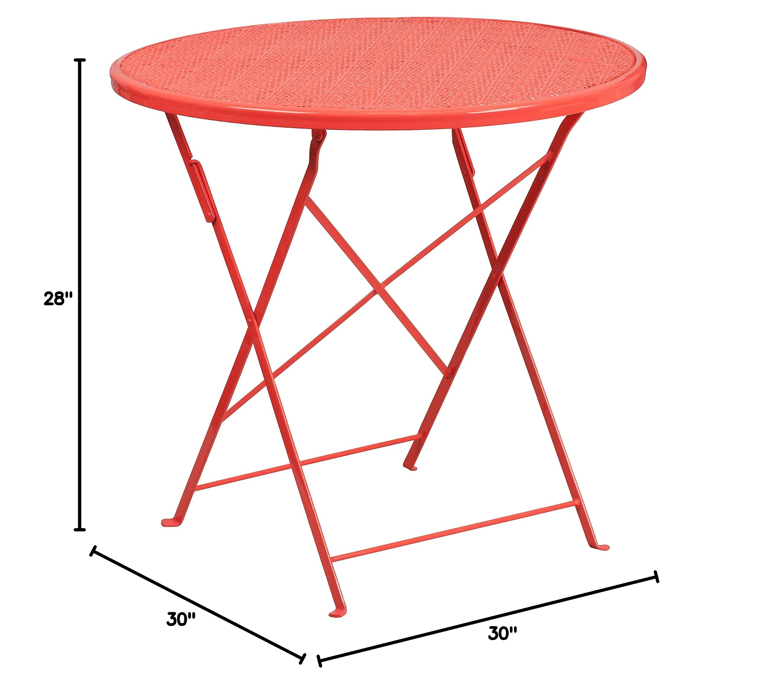 EMMA + OLIVER 30 Inch Round Coral Steel Folding Table - Heavy Duty Commercial Grade Indoor Outdoor Patio Dining Table for Restaurant, Cafe, Garden, Poolside & Backyard