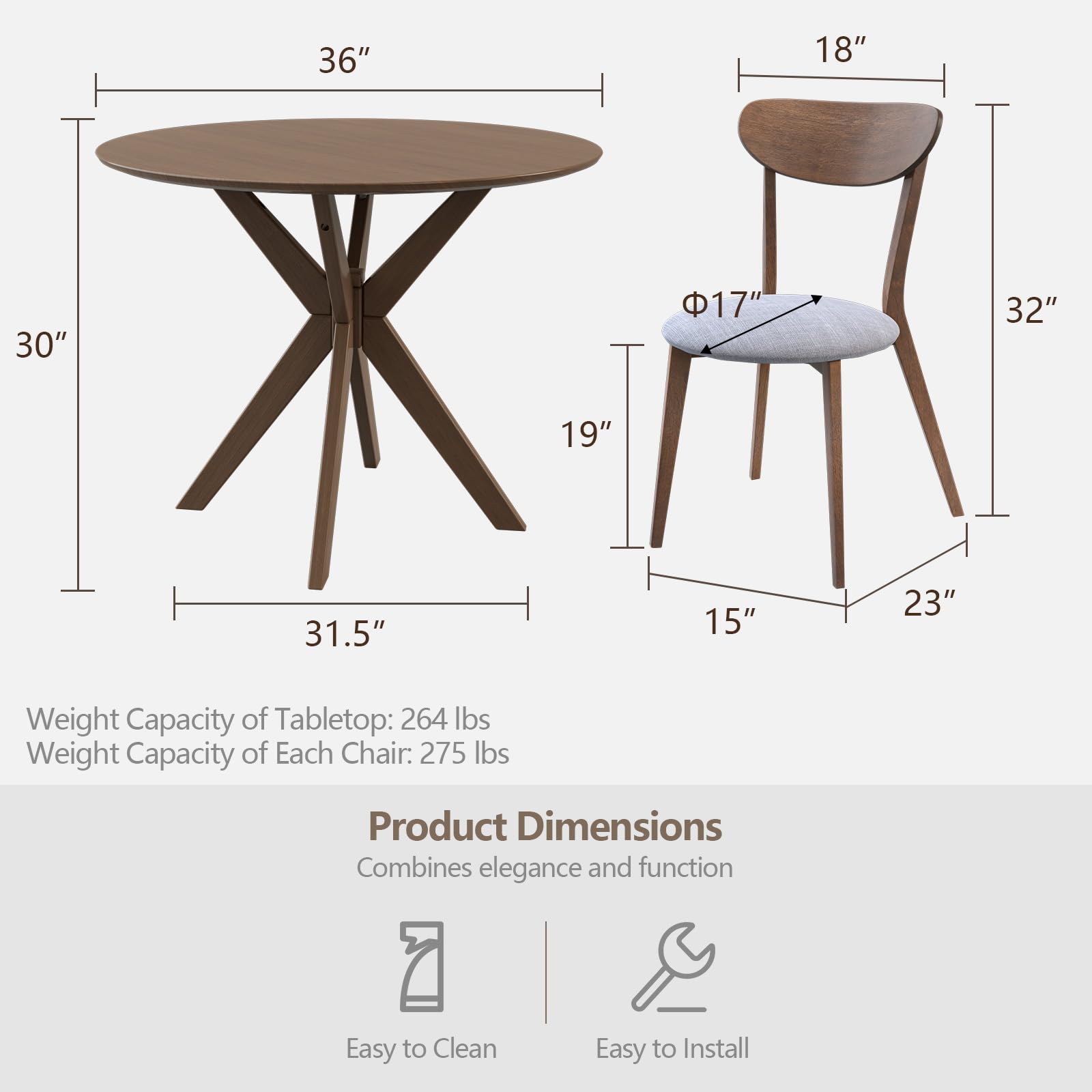 Giantex 3-Piece Wooden Farmhouse Dining Set - Round Kitchen Table with 2 Cushioned Chairs, Mid-Century Modern Dinette for Dining Room, Living Room & Small Spaces - Perfect for Family Meals, Breakfast Nook & Cozy Gatherings