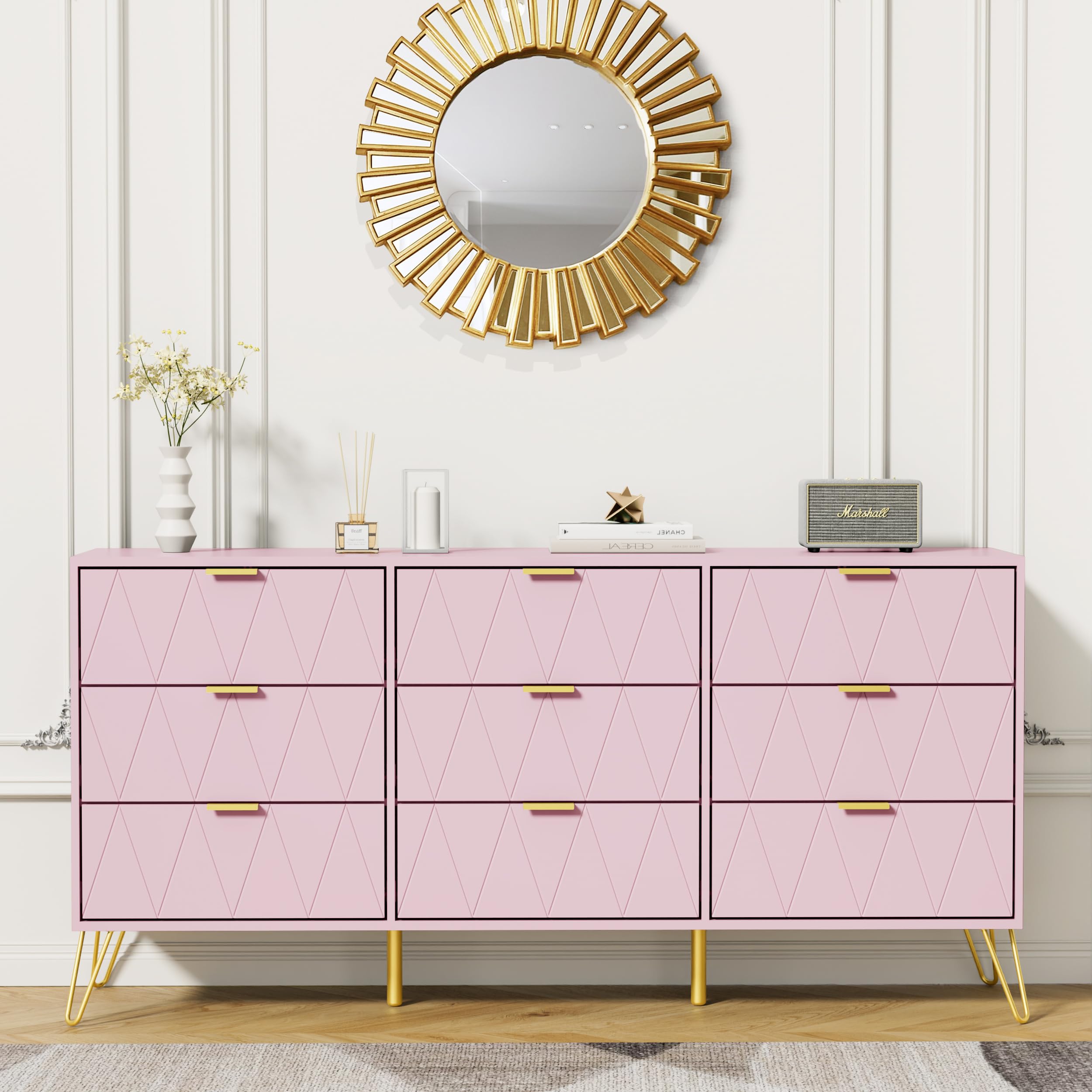 Anbuy 9-Drawer Dresser & 2-Nightstand Set - 3-Piece Bedroom Furniture Combo in Pink | Modern Storage Solution for Master Bedroom, Guest Room & Dorm Organization