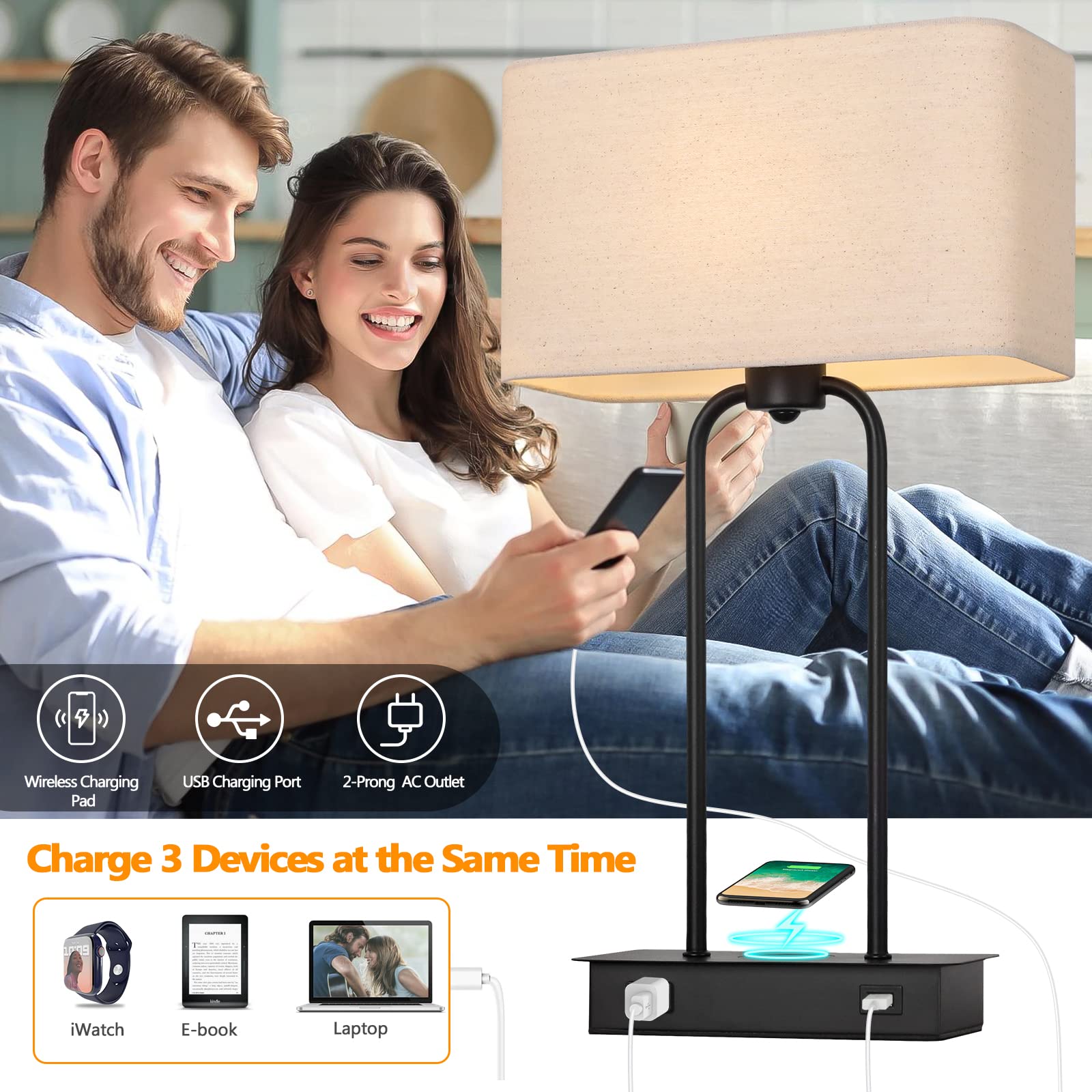 Wireless Charging Touch Control 3-Way Dimmable Table Lamp Set of 2 - Modern Black Nightstand Lamps with USB Port & AC Outlet for Bedroom, Living Room, Office - Includes LED Bulbs | Perfect for Reading, Working & Bedside Lighting