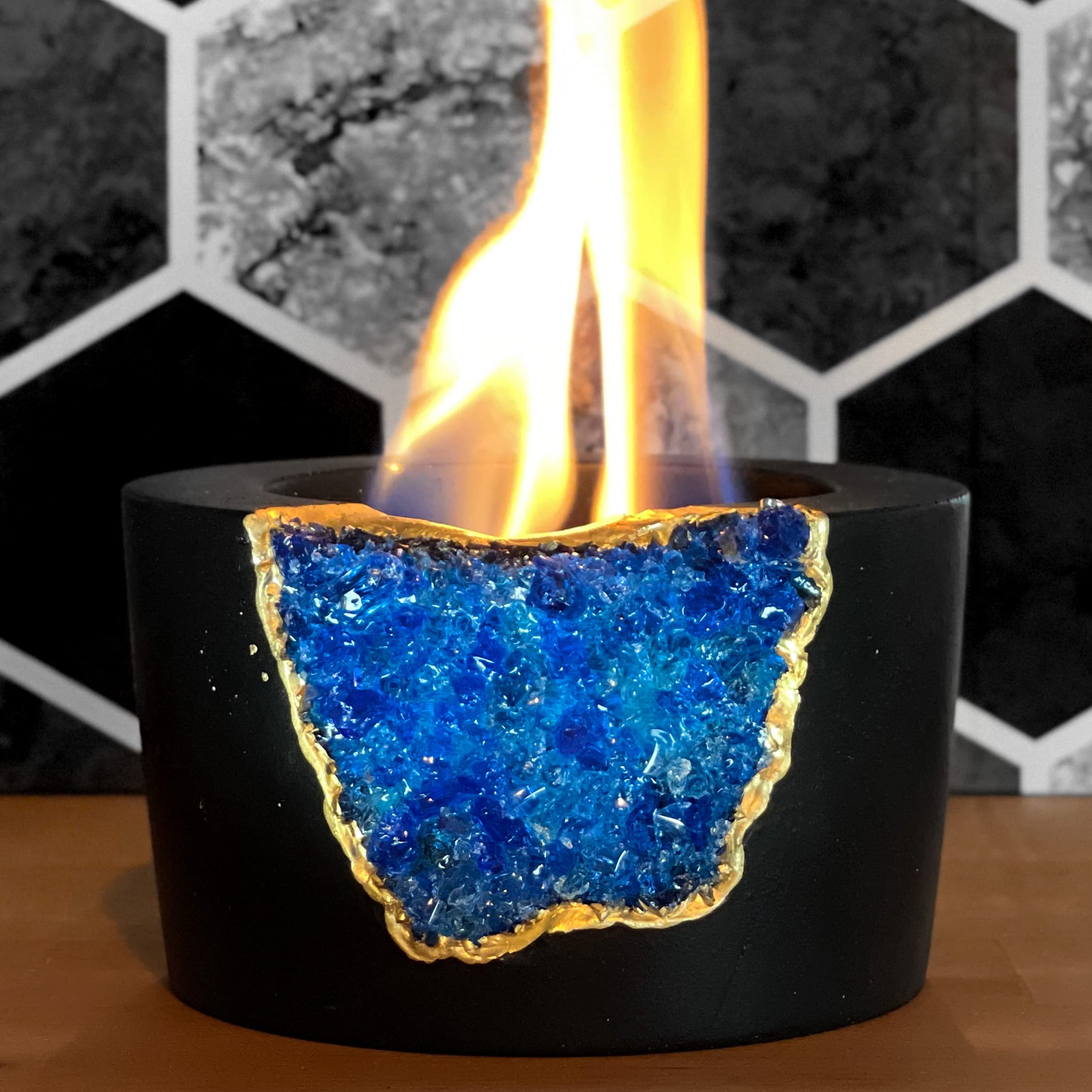 Portable Tabletop Fireplace - Indoor/Outdoor Bio Ethanol Fire Pit Bowl, Mini Concrete Chiminea for Meditation & Decor, Navy Blue & Black - Perfect for Patio, Living Room, and Backyard Ambiance