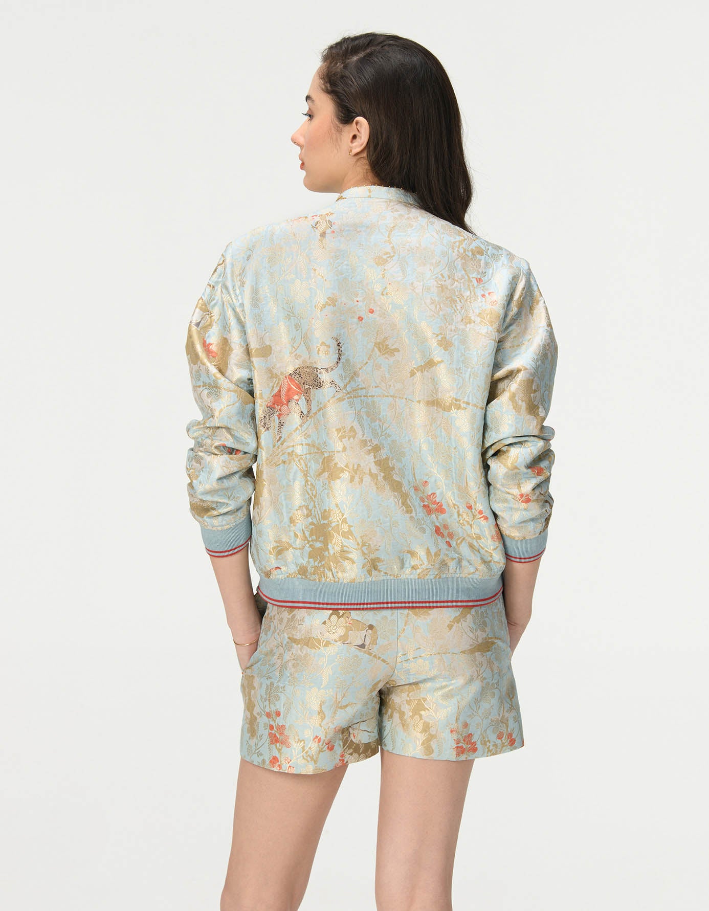 Janbaaz Men's Ice Blue Silk Brocade Bomber Jacket - Lightweight Stylish Outerwear for Casual Wear & Night Out