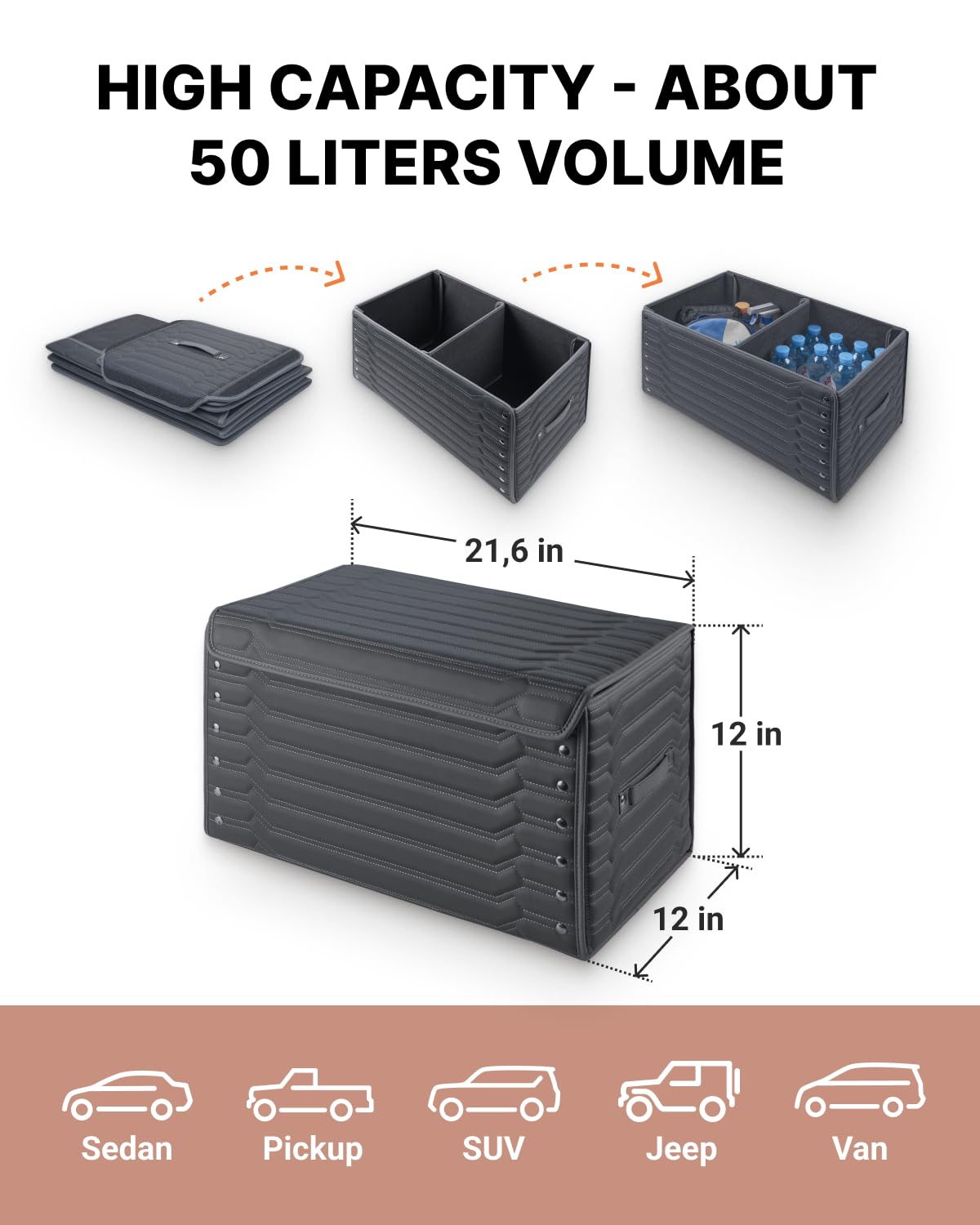 Premium Foldable Trunk Organizer for SUVs & Cars - 21.6 Inch Black Storage Box with Modern Design | Perfect for Road Trips, Grocery Shopping & Vehicle Organization